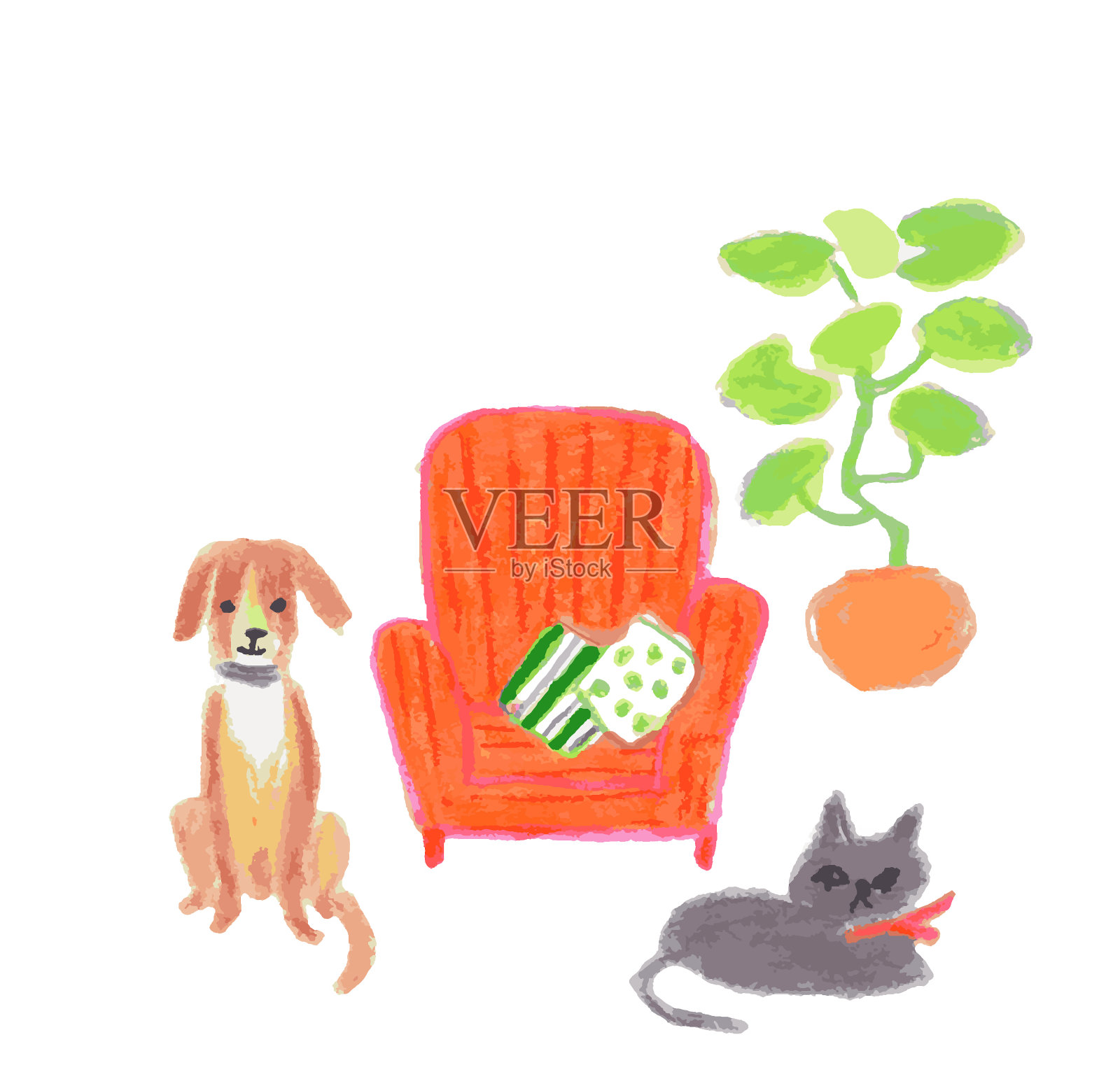 红色的沙发和狗和猫插画图片素材