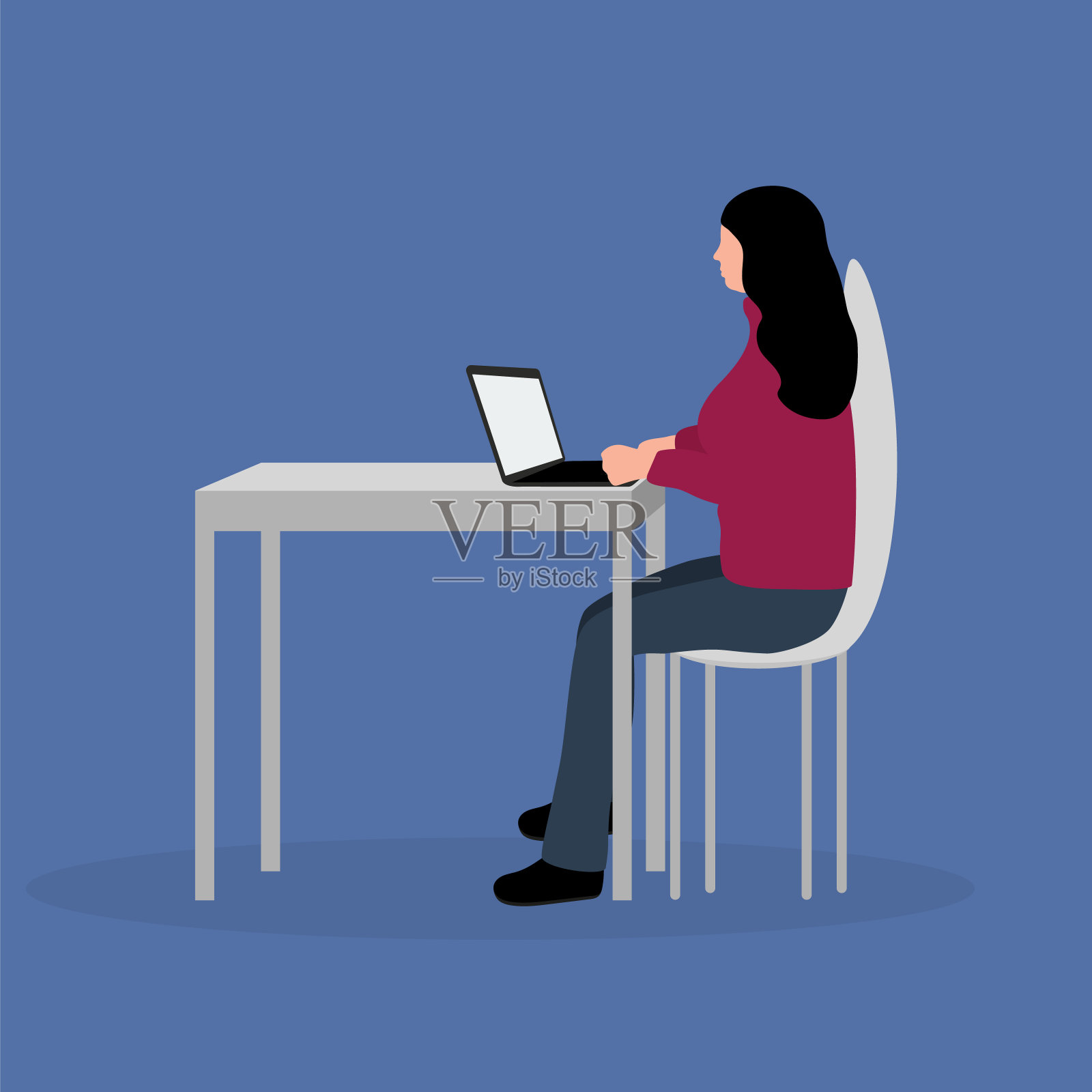 坐在笔记本电脑前工作的女人。卡通矢量插图，平面设计插画图片素材