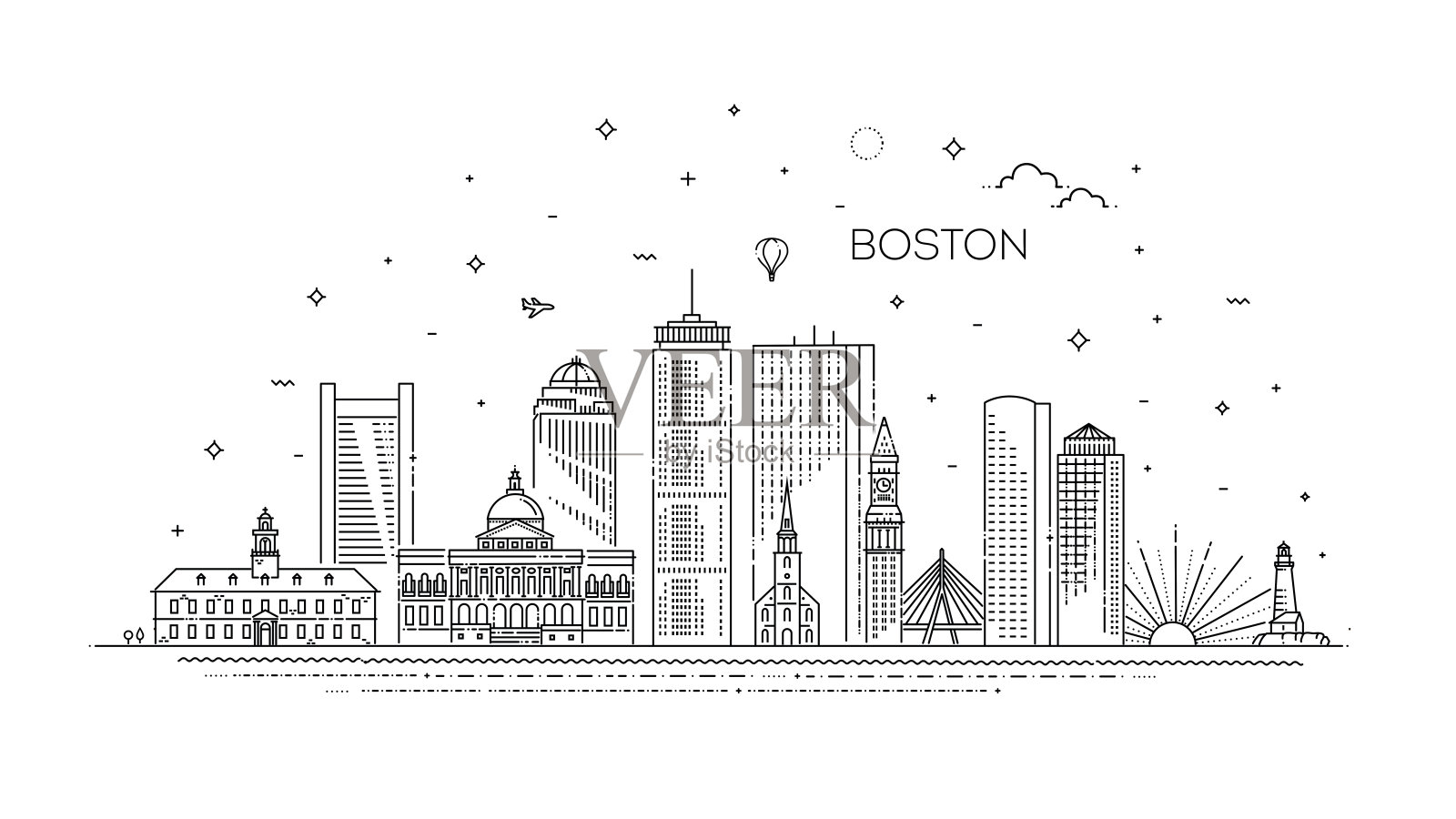 波士顿建筑线天际线插图。线性向量的城市景观与著名的地标设计元素图片