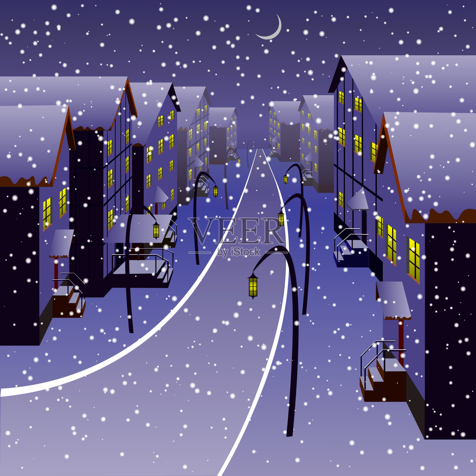 欧式圣诞夜小镇:下雪，马路，小房子插画图片素材