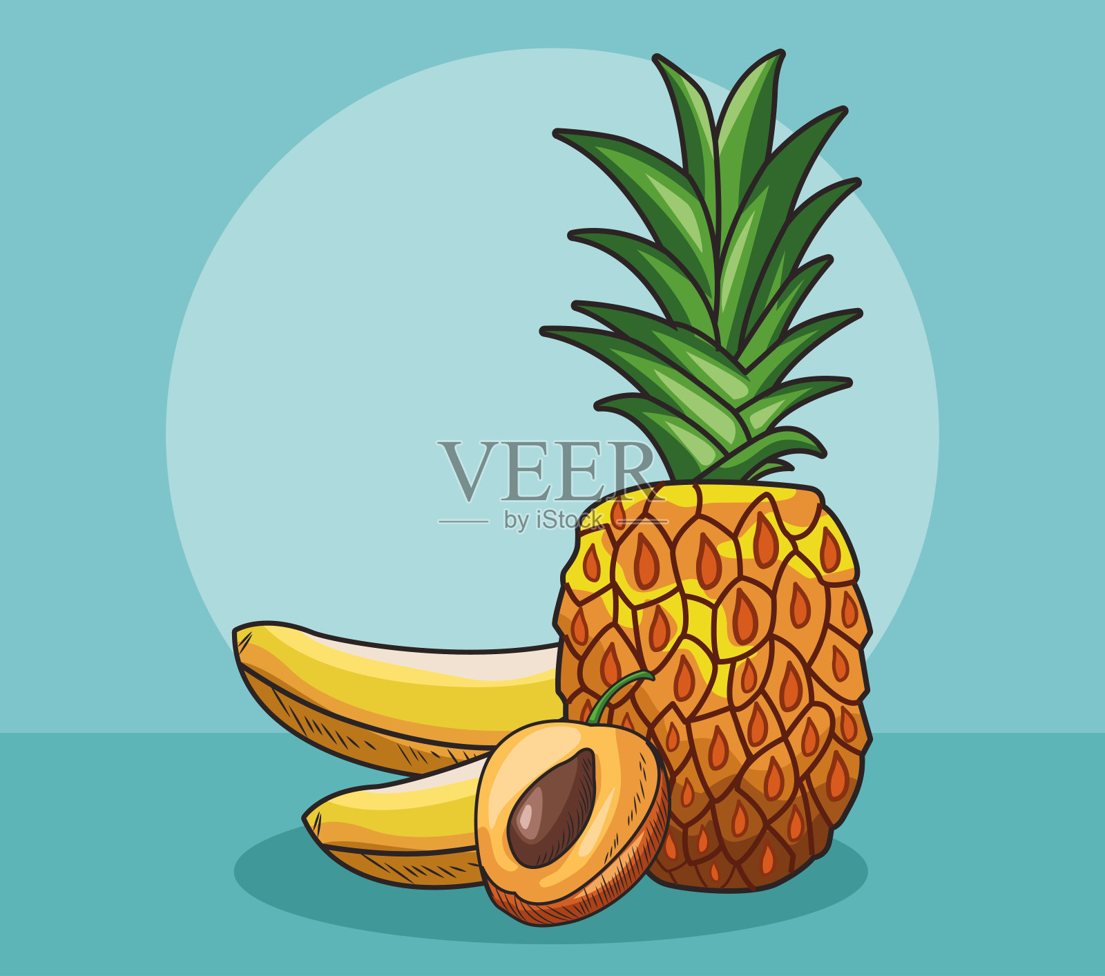 新鲜水果，菠萝，桃子和香蕉食品健康插画图片素材