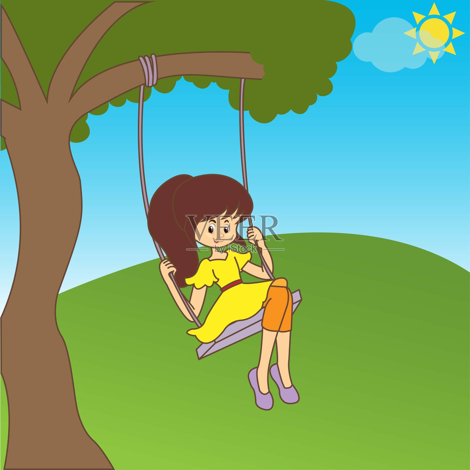 小女孩在户外的大自然中荡秋千插画图片素材