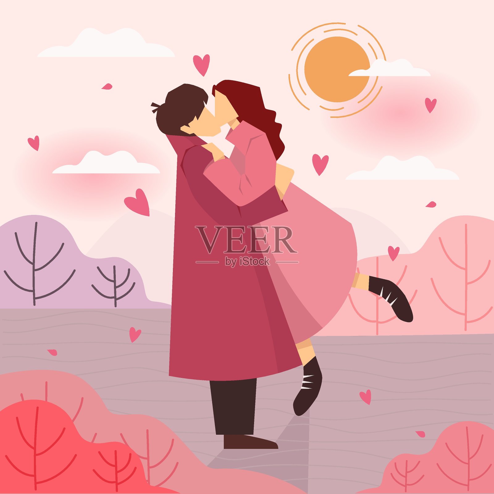 情人节快乐，一个相爱的夫妇拥抱，情人节的背景，爱情夫妇亲吻，情人卡和海报插画图片素材