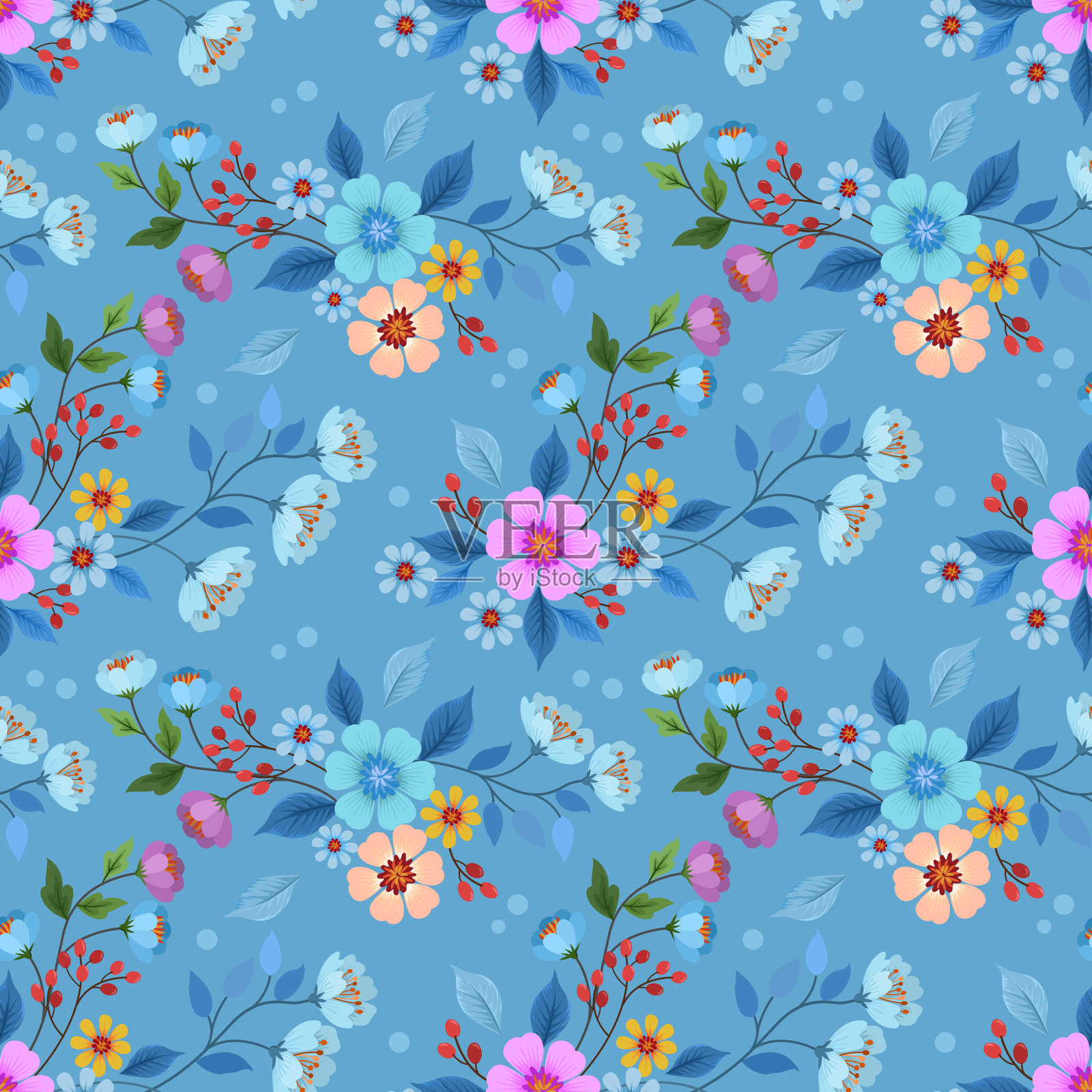 彩色手绘花朵无缝图案矢量织物织物墙纸设计。插画图片素材