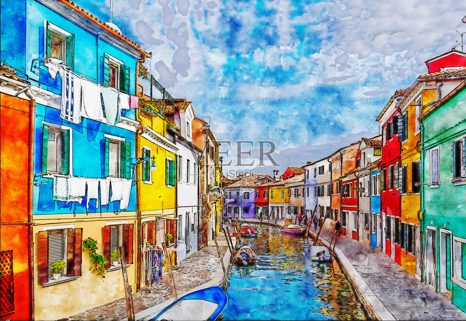 威尼斯泻湖布拉诺岛上的彩色房屋。意大利。插画图片素材