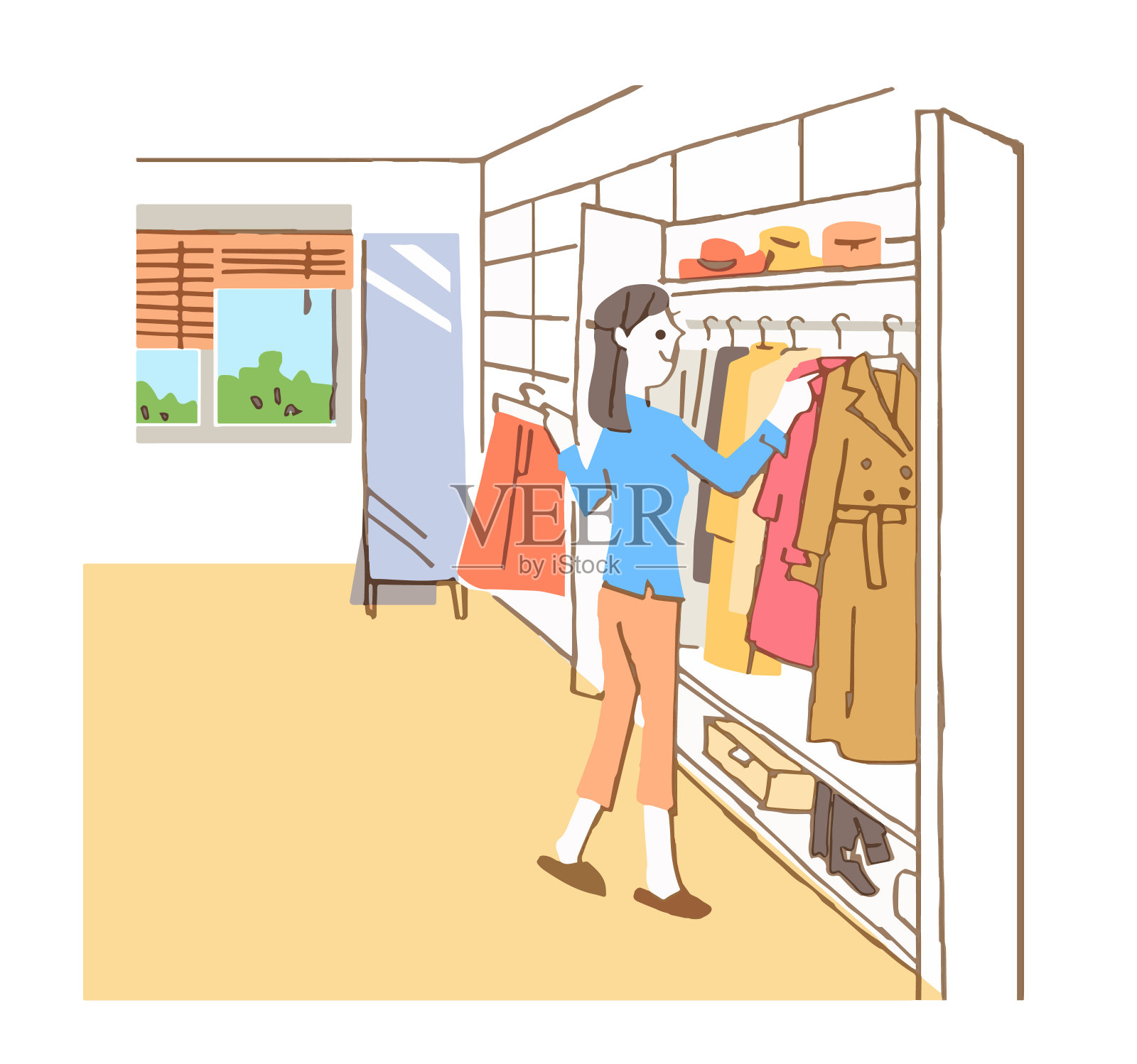 女人在衣柜前挑选衣服插画图片素材
