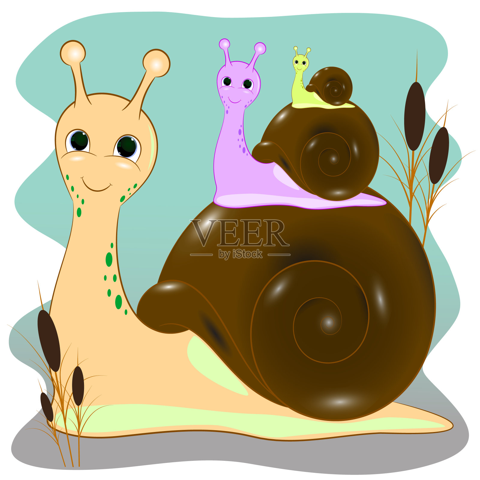 三个彩色有趣的蜗牛卡通矢量插图设计元素图片