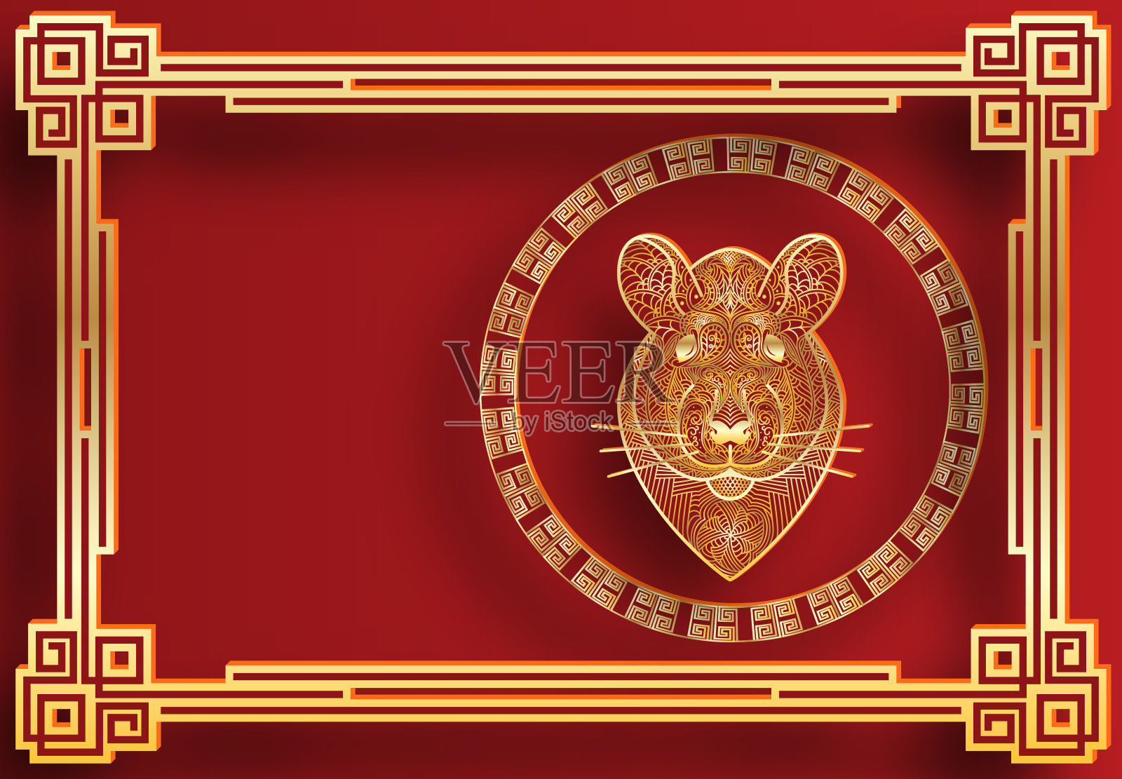 快乐中国新年背景东方风格与图案老鼠头和框架。老鼠是2020年新年的象征。华丽的红色和金色模板为信封或卡片。插画图片素材