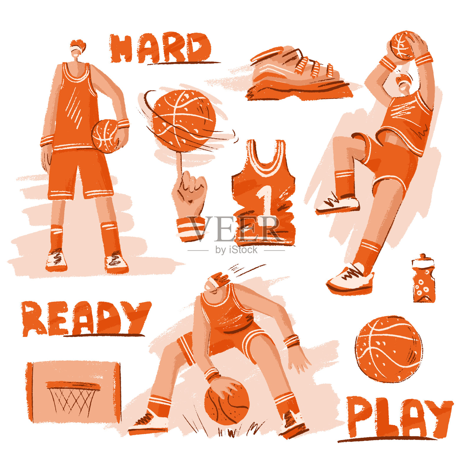 矢量草图纹理篮球-篮球运动员，篮子，球，运动鞋。矢量运动系列在现代涂鸦，手绘和线条风格与橙色颜色。积极运动的篮球运动员设计元素图片