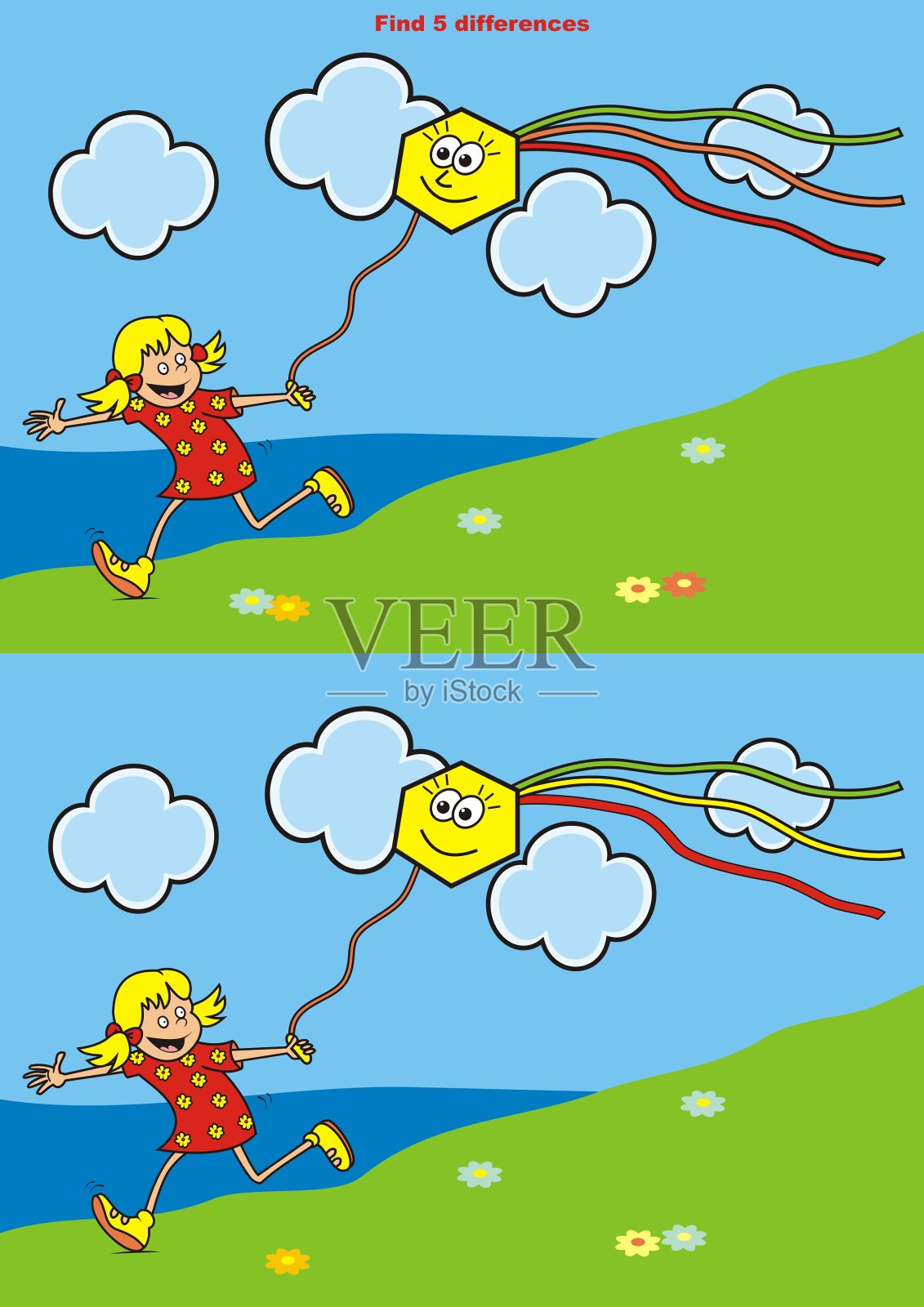 女孩和风筝，发现五个不同点，eps。插画图片素材
