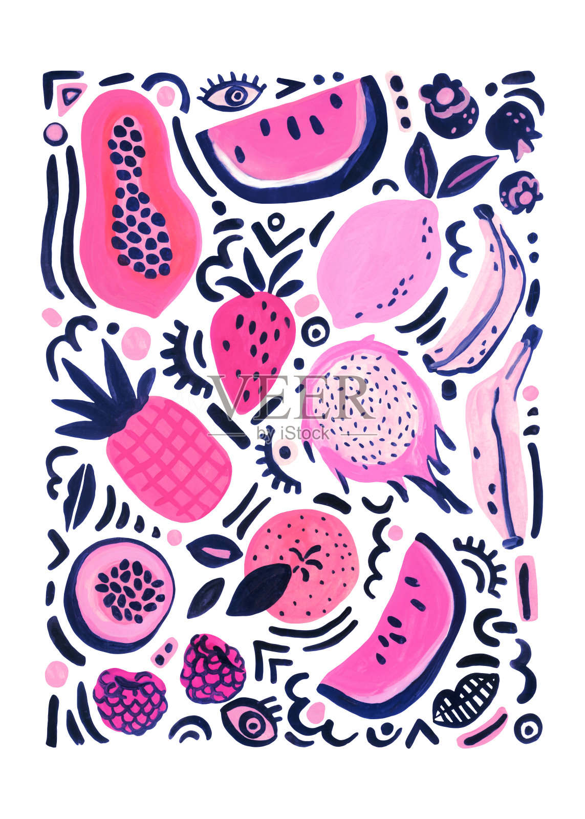 热带水果海报有西瓜，香蕉，橙子，柠檬，浆果流行艺术涂鸦插画图片素材