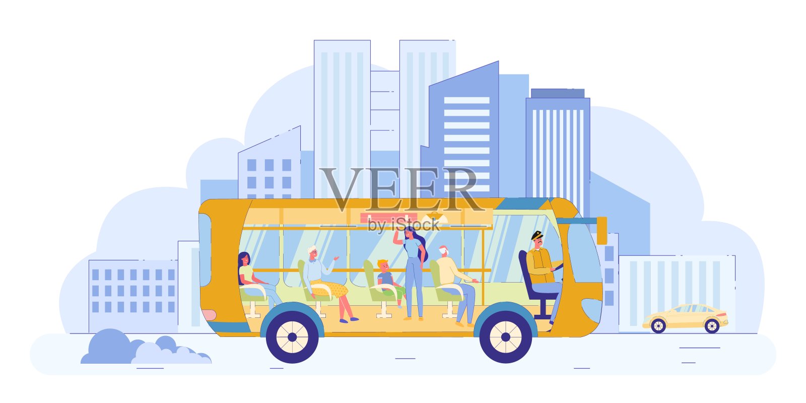 乘坐舒适巴士环游城市，卡通。设计元素图片