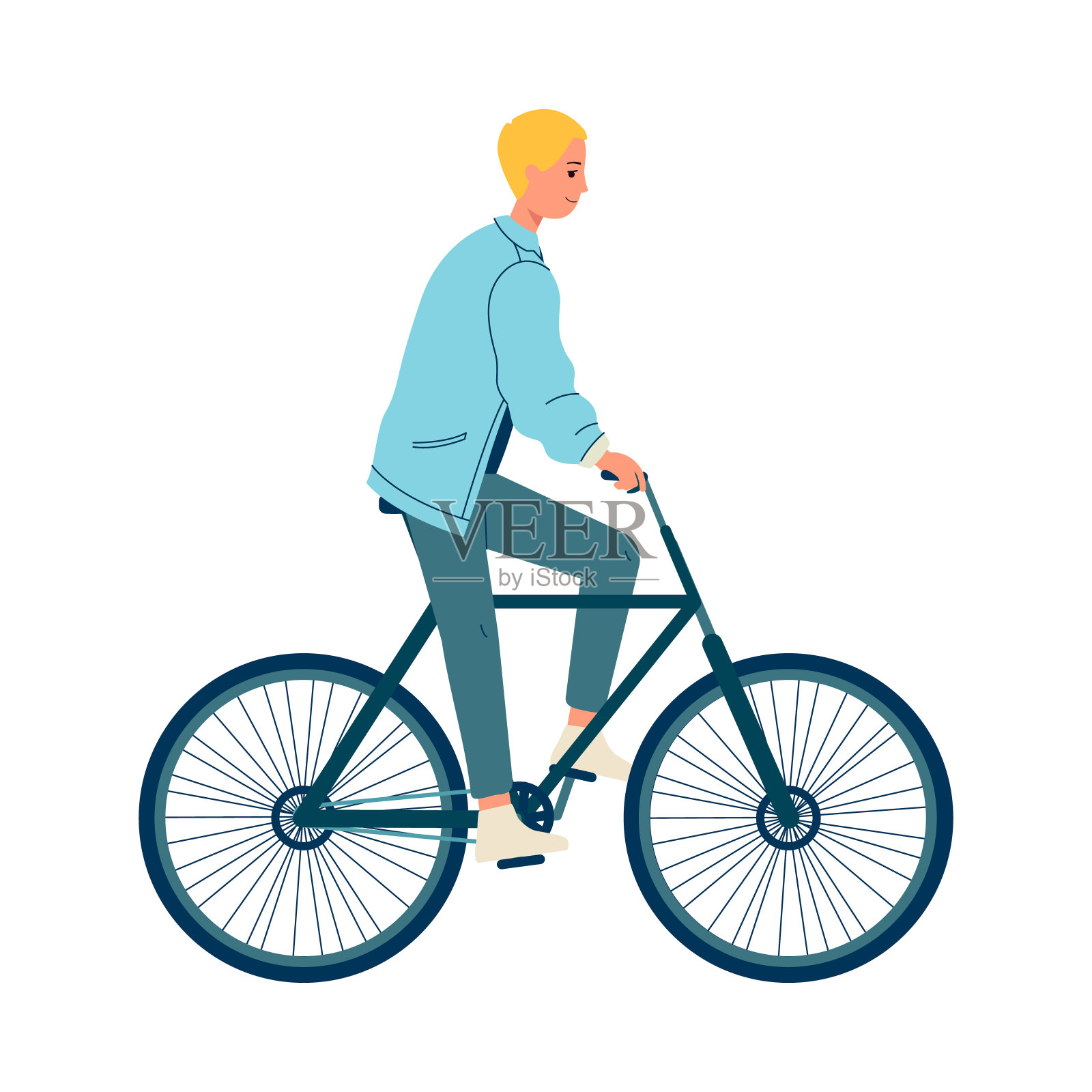 卡通人骑自行车孤立在白色的背景-快乐的年轻人设计元素图片