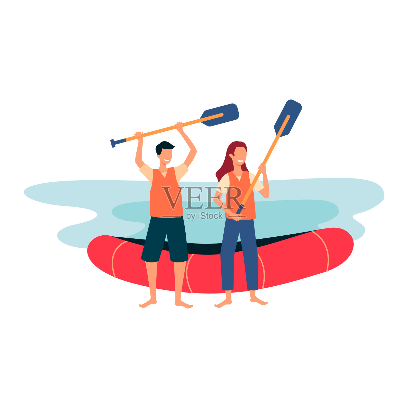 漂流终点线——卡通人物站在岸边，拿着船桨，面带微笑设计元素图片