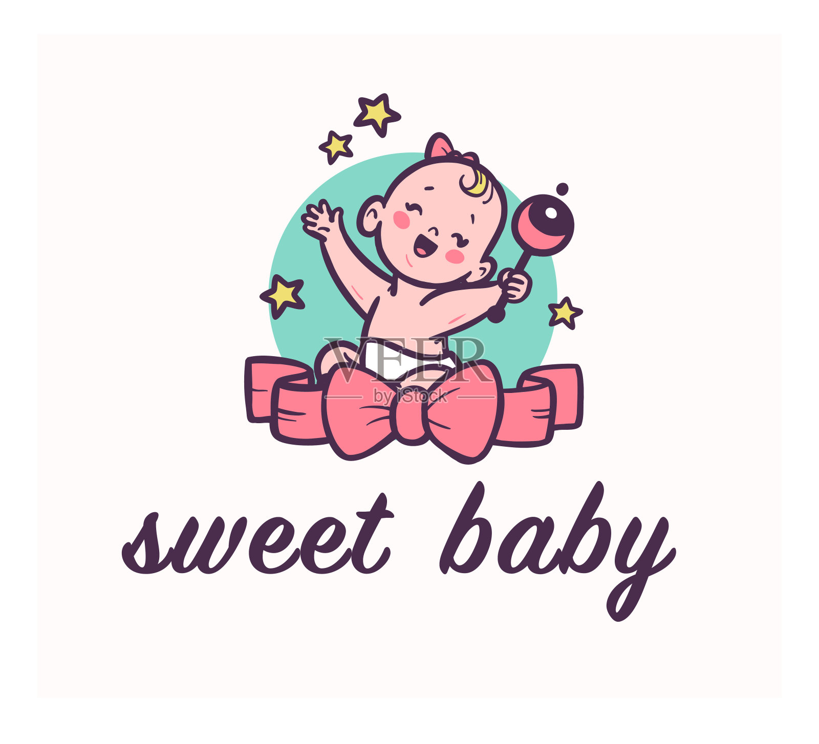 甜美的宝贝标志带着快乐的小宝贝女孩微笑坐着，拿着拨浪鼓和大弓在她面前孤立。设计元素图片