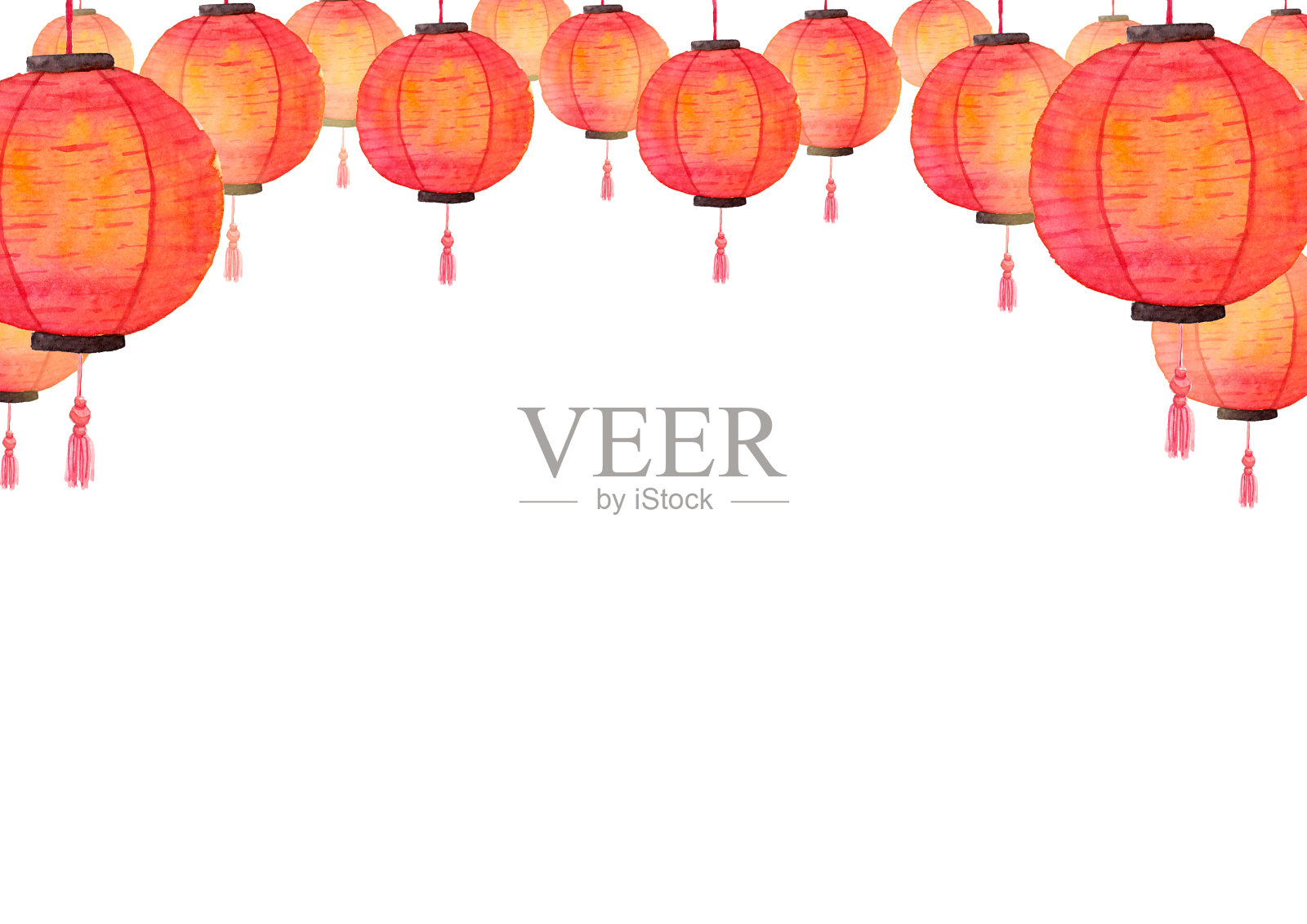 框架红色东方灯笼，快乐中国新年的概念。水彩绘画。插画图片素材