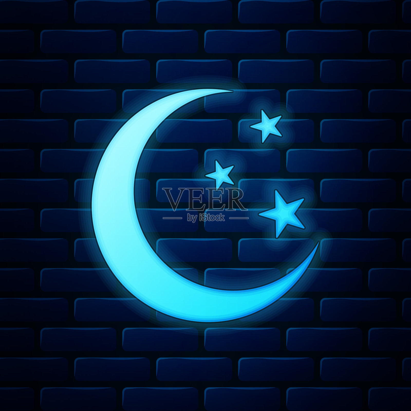 发光的霓虹灯月亮和星星的图标孤立在砖墙的背景。矢量图插画图片素材
