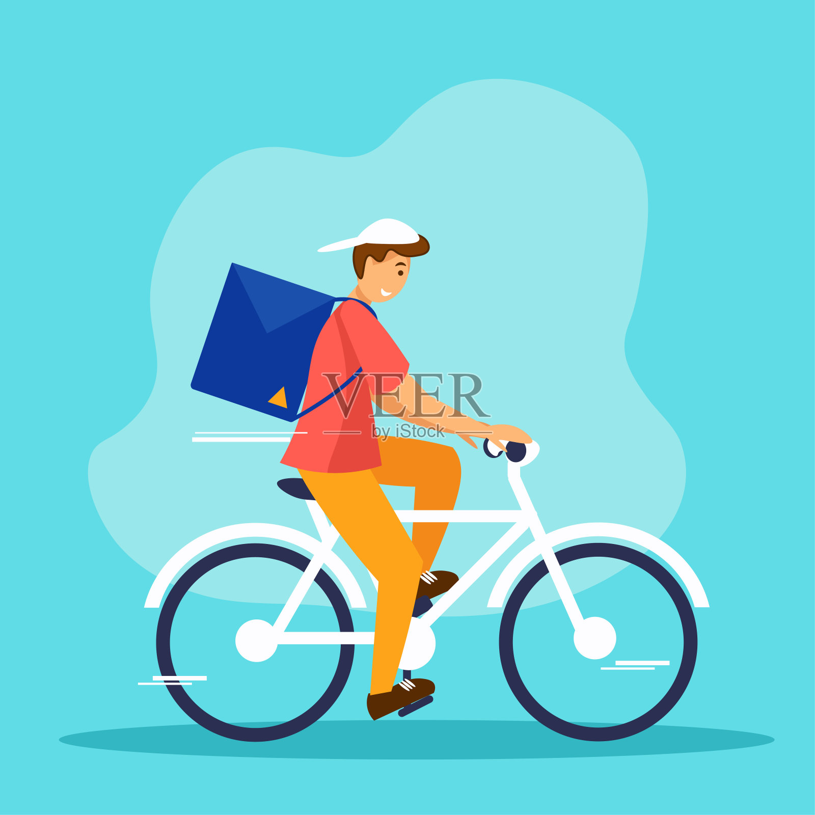 背包里装着包裹的快递员骑着自行车。矢量插图概念的快速和生态交付服务。插画图片素材