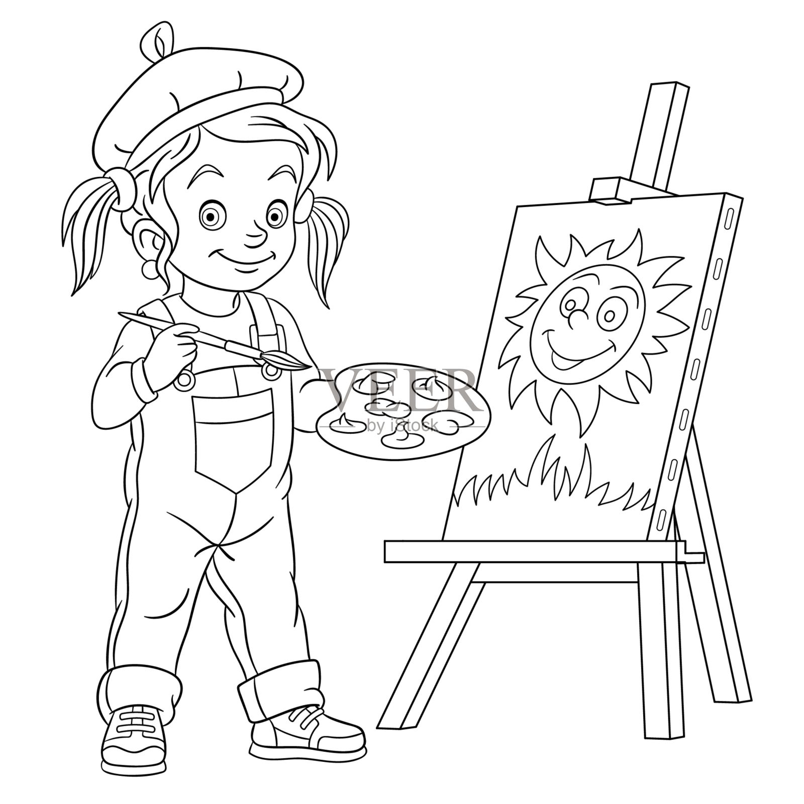漫画女孩画太阳的涂色页插画图片素材