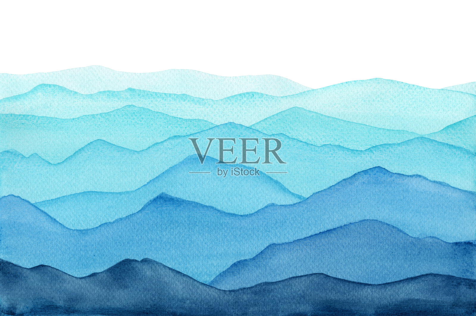 抽象靛蓝浅蓝色水彩波山在白色的背景插画图片素材