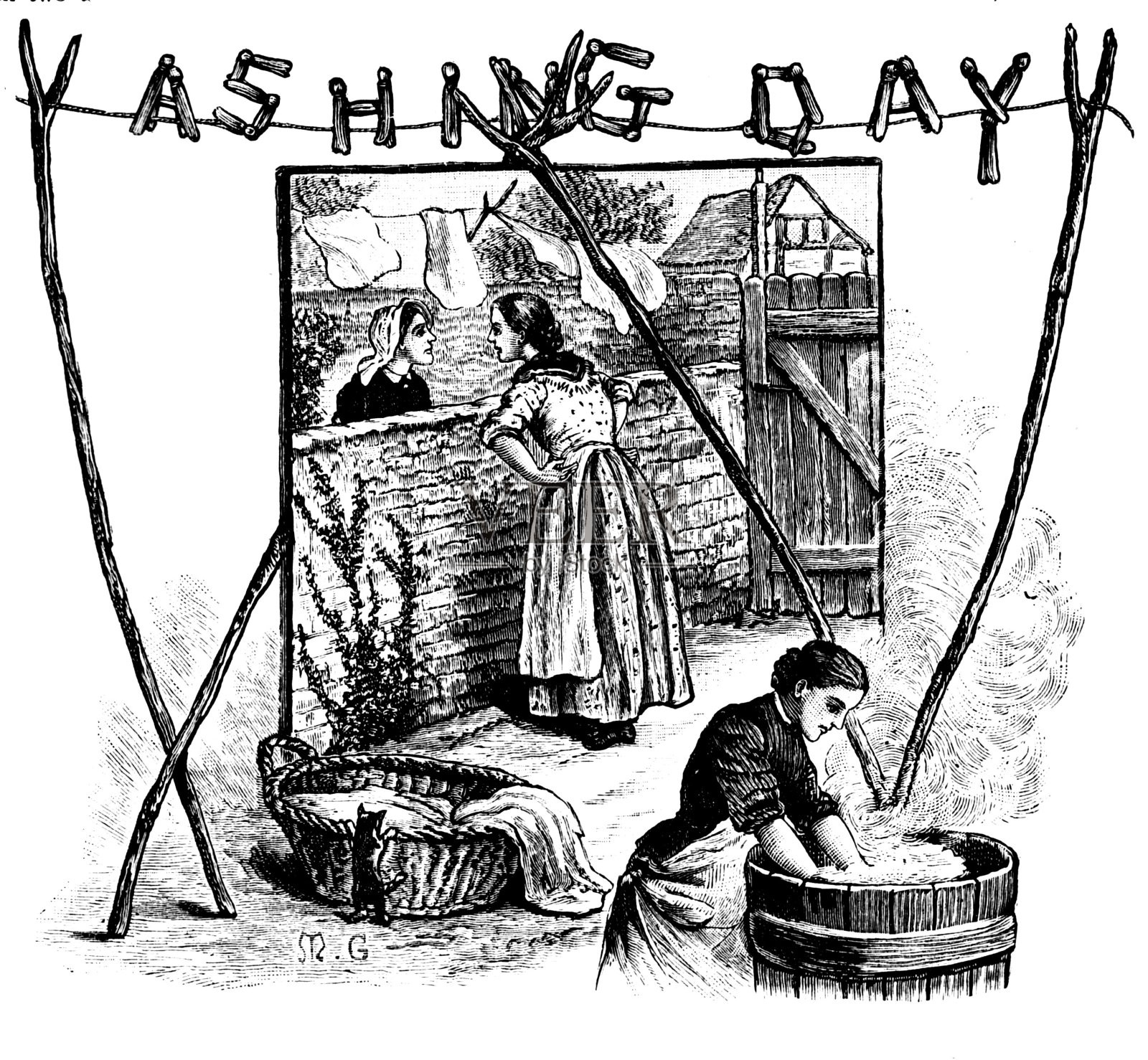 19世纪的版画《我们自己的公报》1887年;洗衣服的日子，女人们在后院聊天插画图片素材