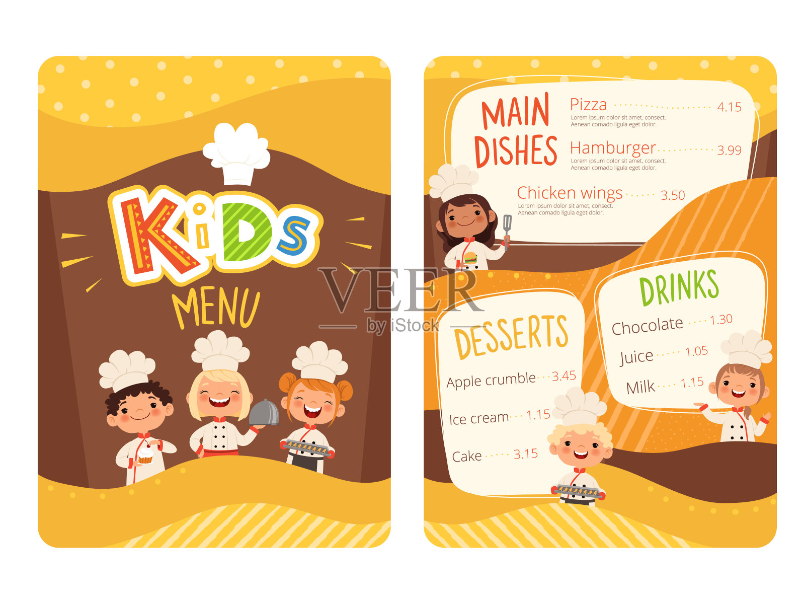 儿童菜单。儿童烹饪食物小厨师餐厅吃菜单为小幸福人矢量卡通模板插画图片素材