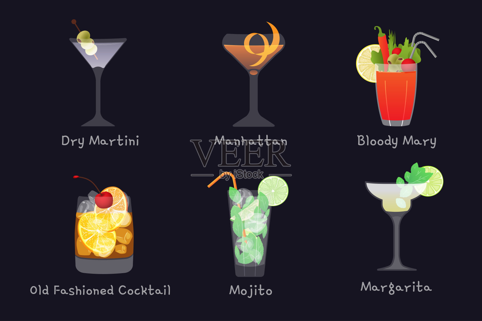 一套向量酒精酒吧饮料-莫吉托，曼哈顿鸡尾酒，血腥玛丽，老式和玛格丽塔鸡尾酒干马提尼，孤立的黑色背景插画图片素材