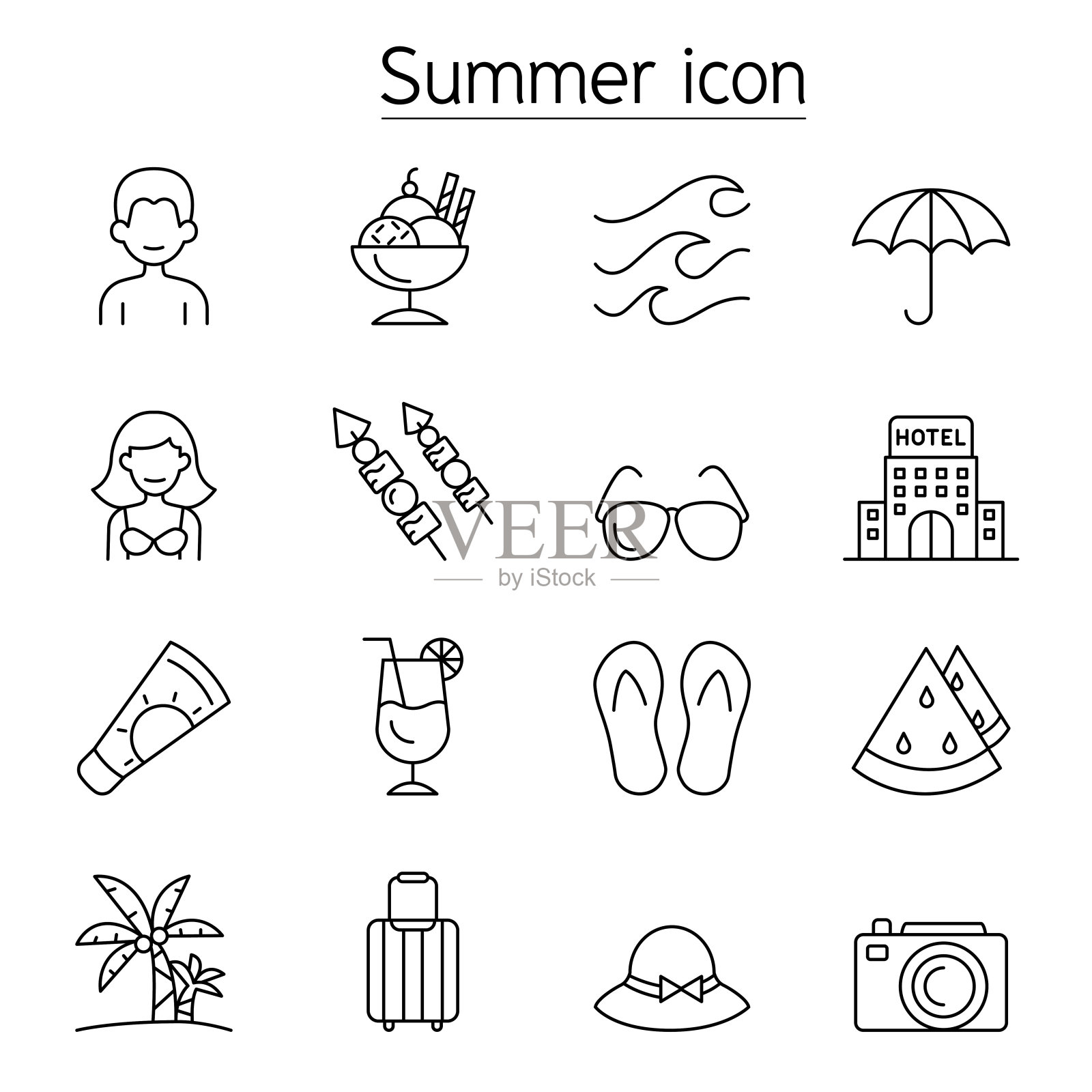夏季图标设置在细线风格插画图片素材