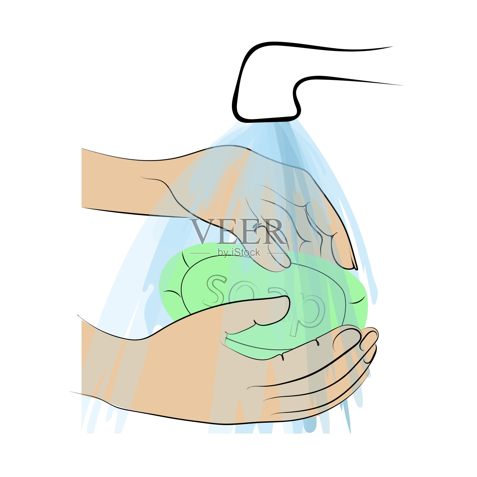 预防病毒性疾病、卫生、病媒种群说明、对抗冠状病毒、在流动的水中用肥皂洗手、预防各种感染和病原体。插画图片素材
