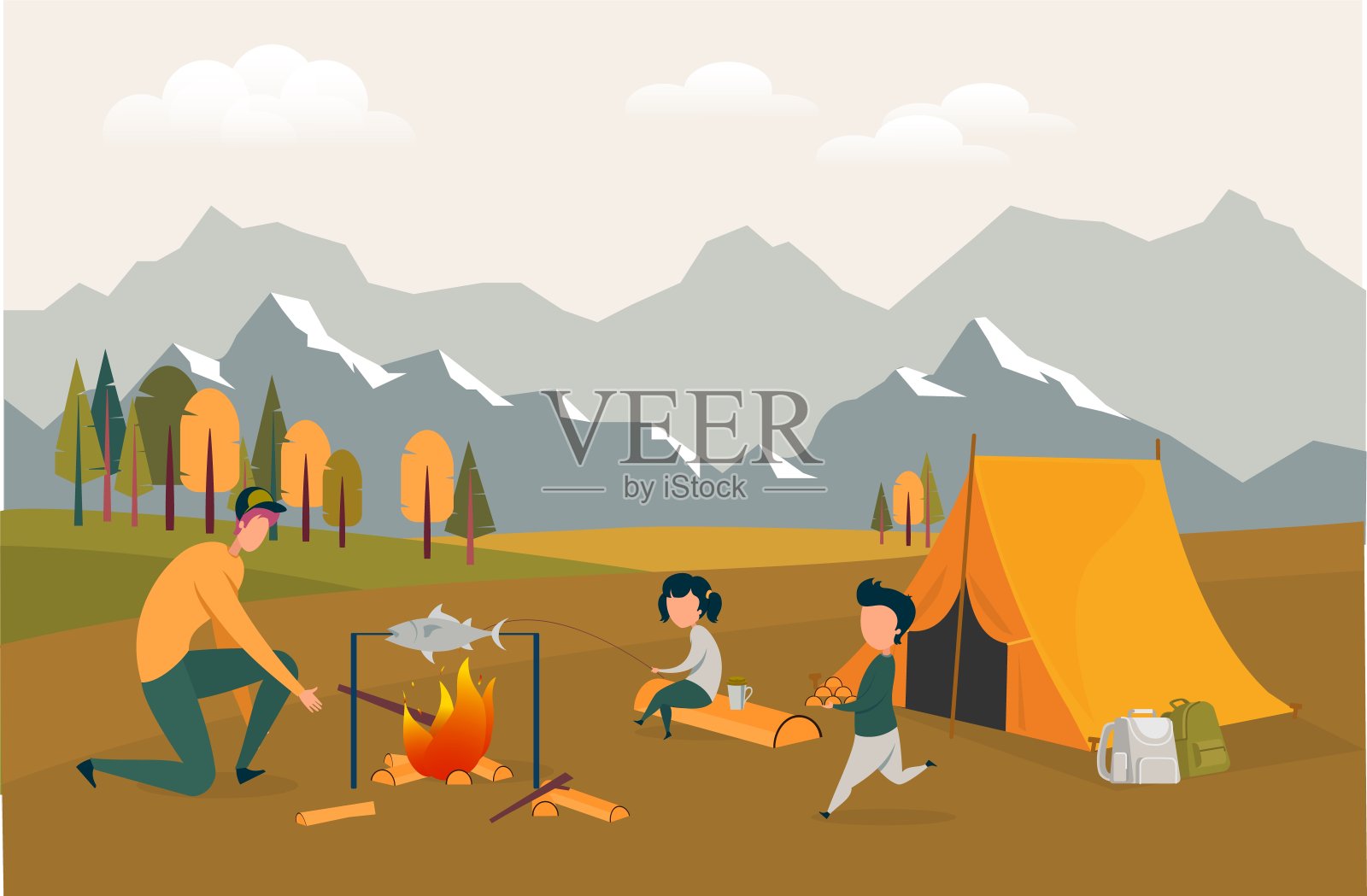 快乐的家庭在夏令营度过的时间插画图片素材