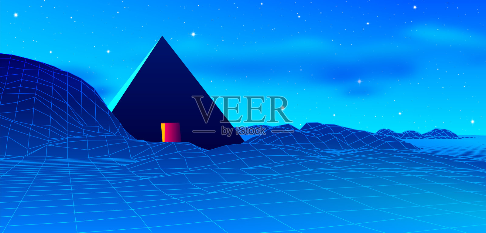 古老神秘的80年代金字塔风格霓虹灯景观与蓝天和山脉在retrowave, synthwave风格图形背景图片素材