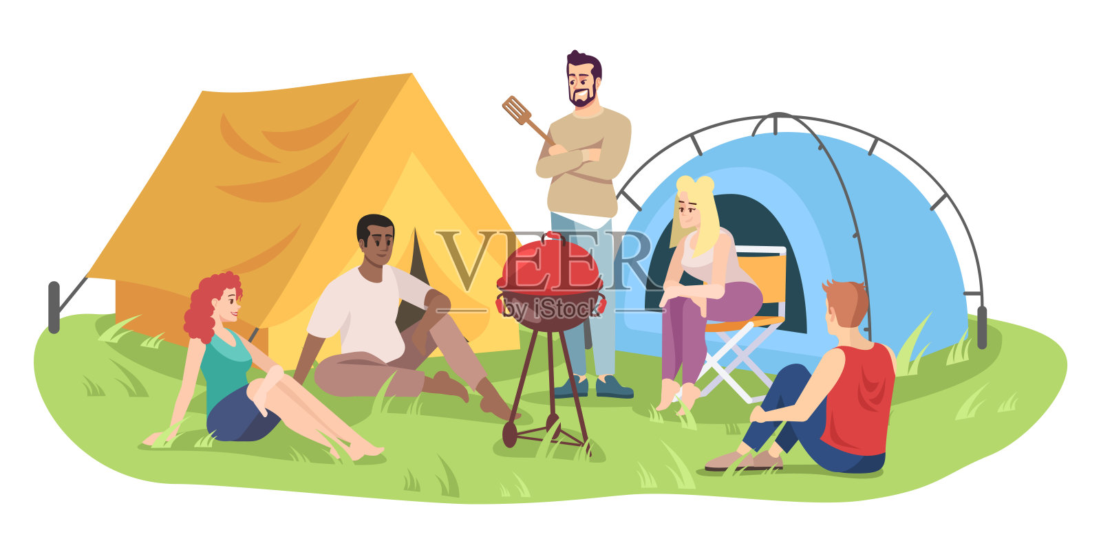 学生露营旅行平面矢量插图。快乐的男女卡通人物。年轻人在野餐，朋友在烧烤。夏季户外娱乐孤立在白色背景设计元素图片