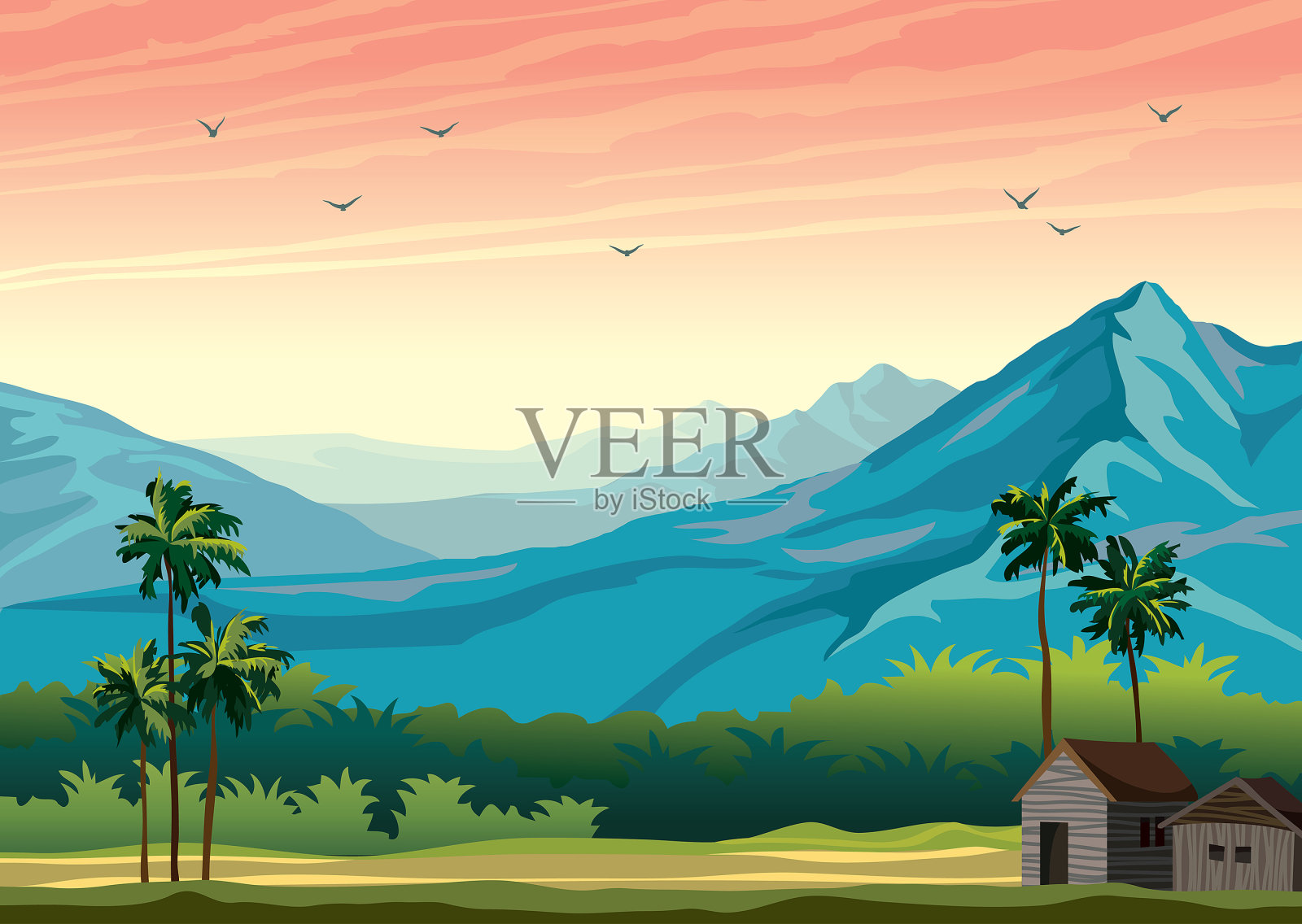 热带景观-小屋，山脉，棕榈树。插画图片素材