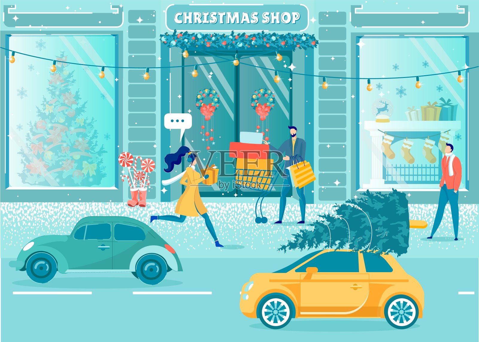 圣诞商店和城市生活附近的街道上的人们插画图片素材