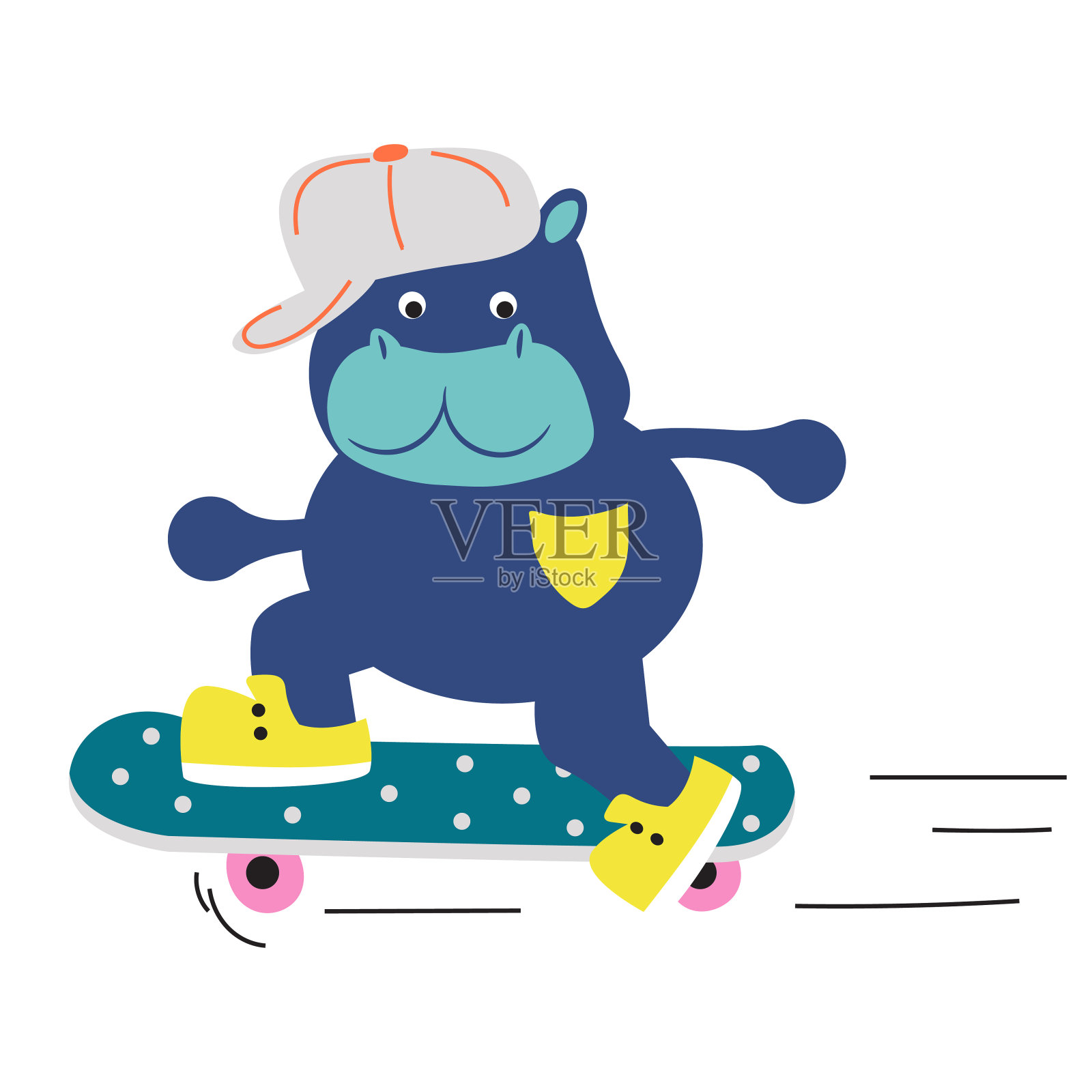 可爱的河马男孩滚动在滑板矢量卡通插图。插画图片素材