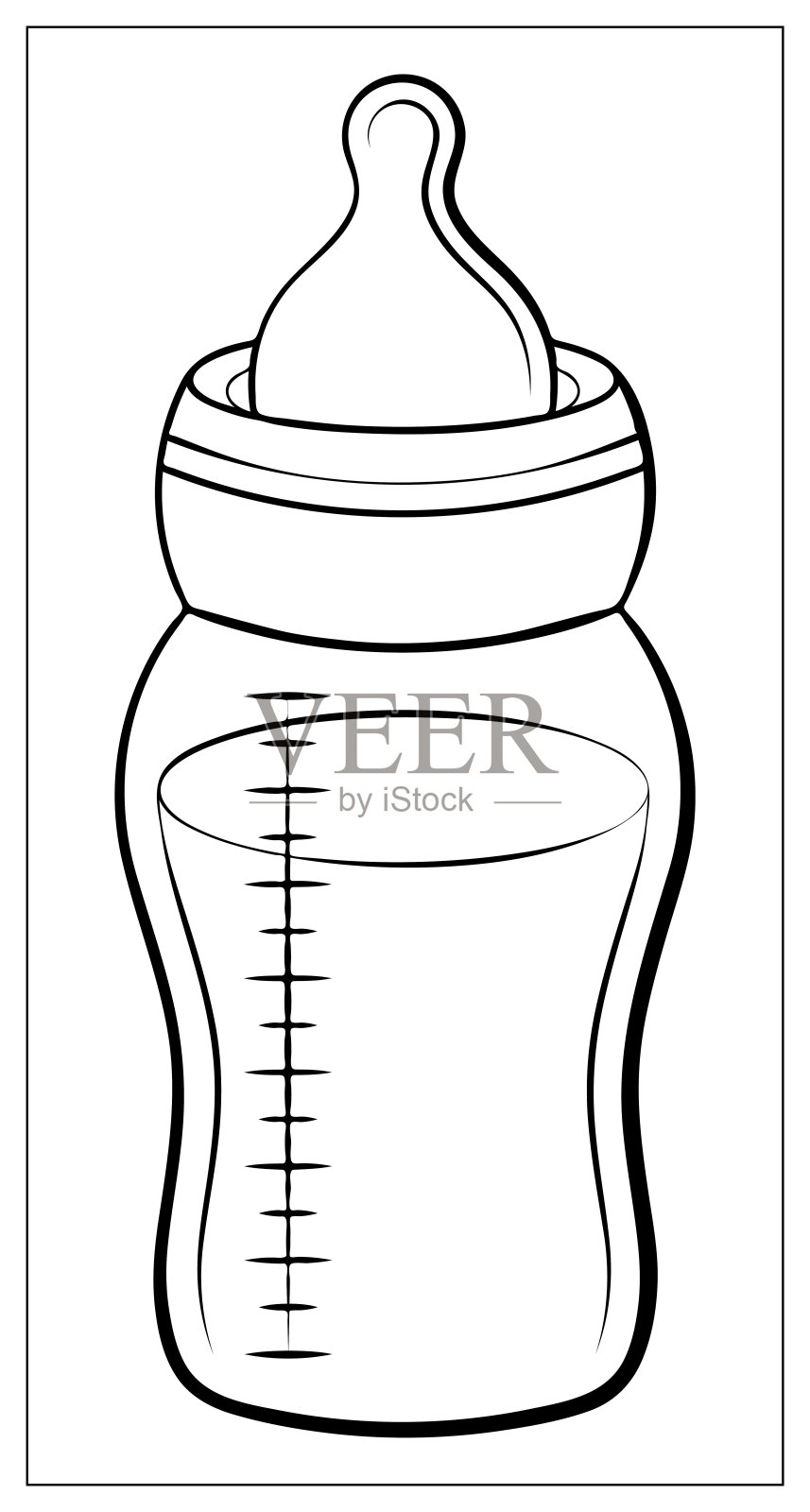 婴儿奶瓶轮廓有鳞片和奶嘴，孤立在白色背景。矢量瓶平面图标。单一高质量的瓶子轮廓符号的网页设计或移动应用程序。插画图片素材