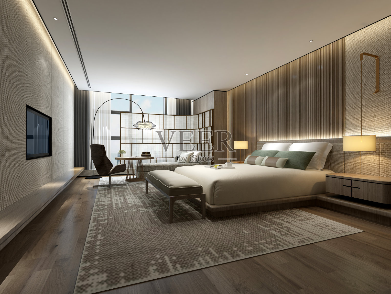 豪华酒店房间的双人床3d渲染照片摄影图片