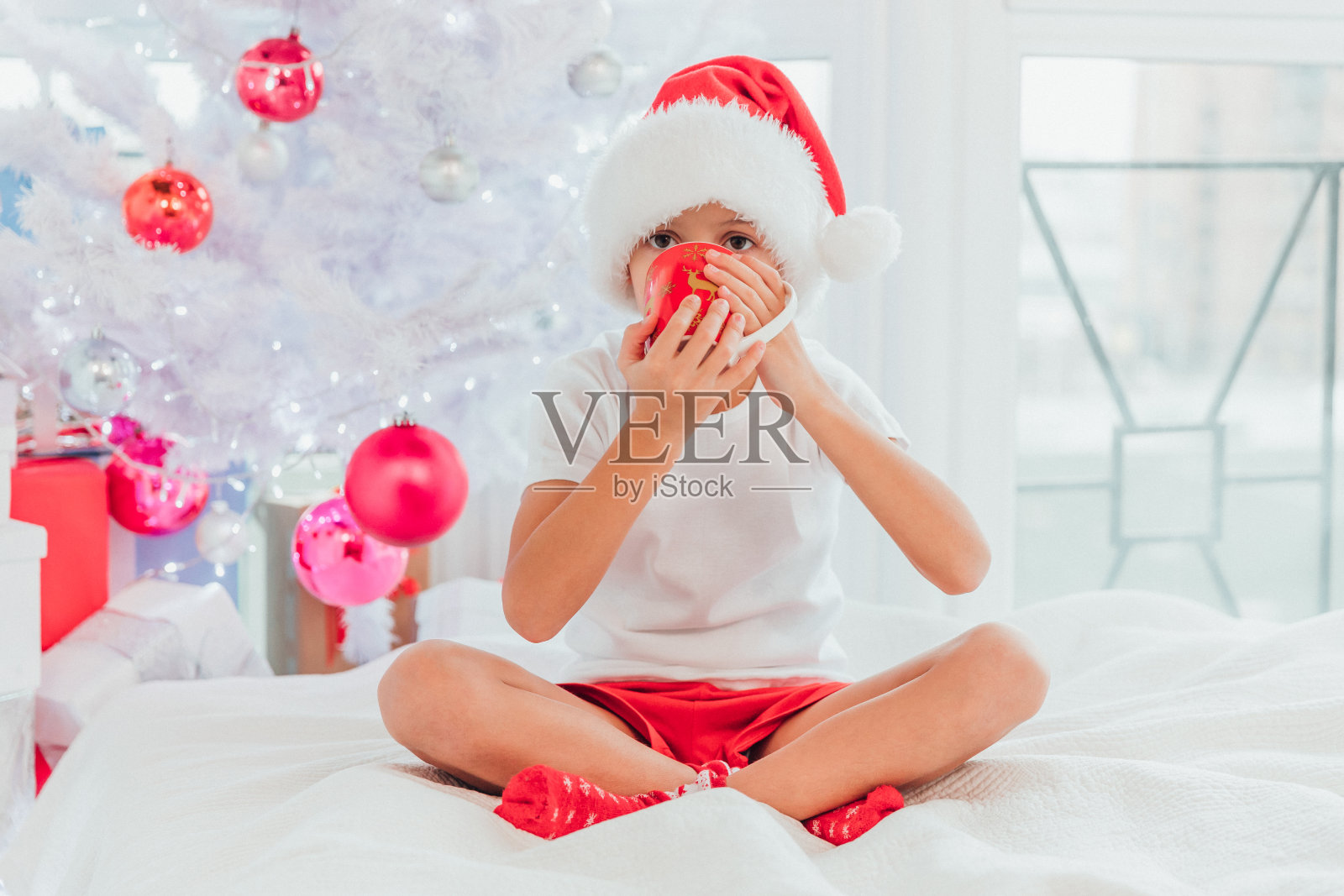 新年后的早晨，一个昏昏欲睡的男孩坐在圣诞树旁的床上，喝着可可。照片摄影图片