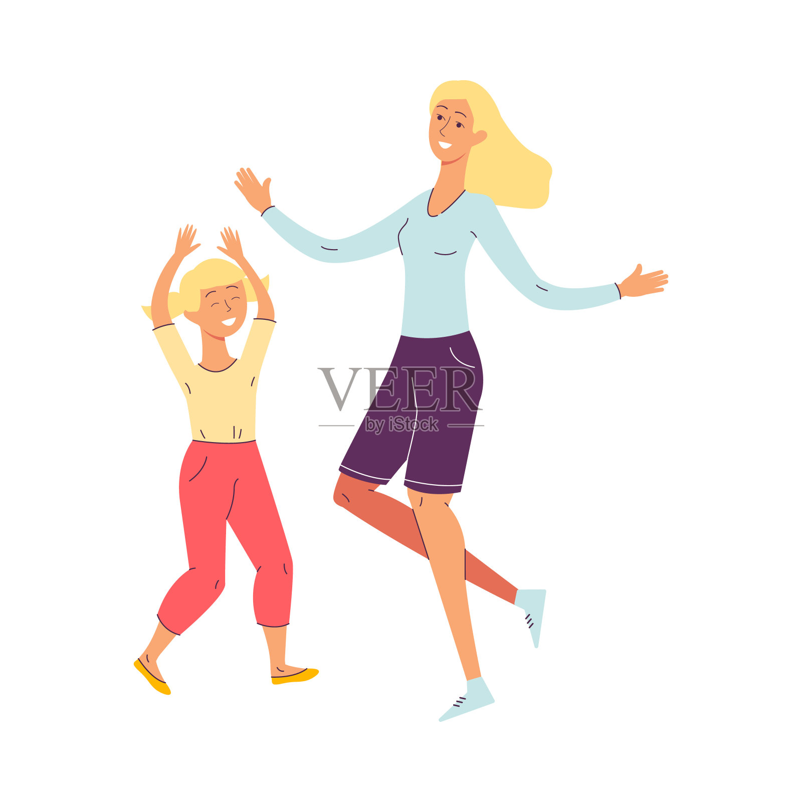 快乐的卡通母亲和女儿跳舞孤立在白色的背景插画图片素材