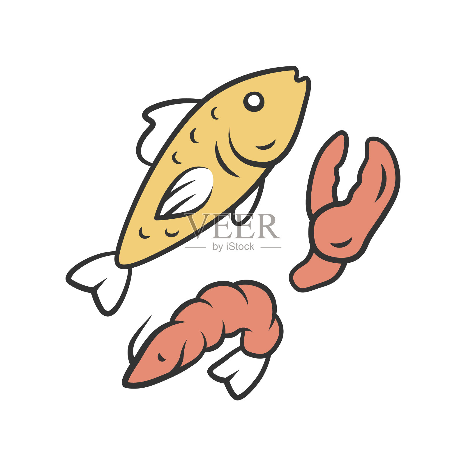 海鲜彩色图标。欧米茄3源产品。美食餐饮，健康餐饮。水煮大虾、鲜鲑鱼作料。鱼，虾和龙虾爪孤立矢量插图设计元素图片