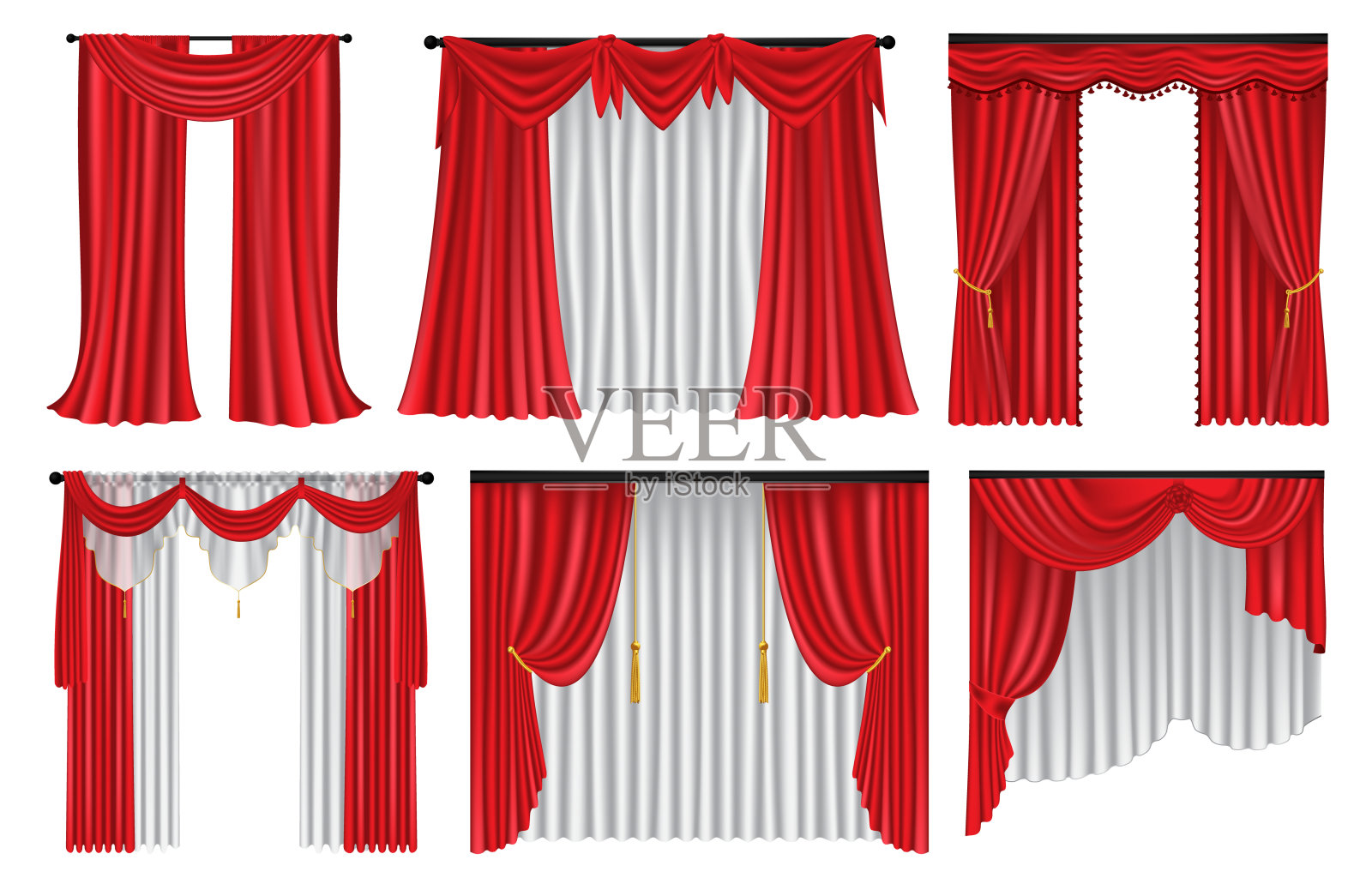 白色背景上的红色豪华窗帘和窗帘插画图片素材