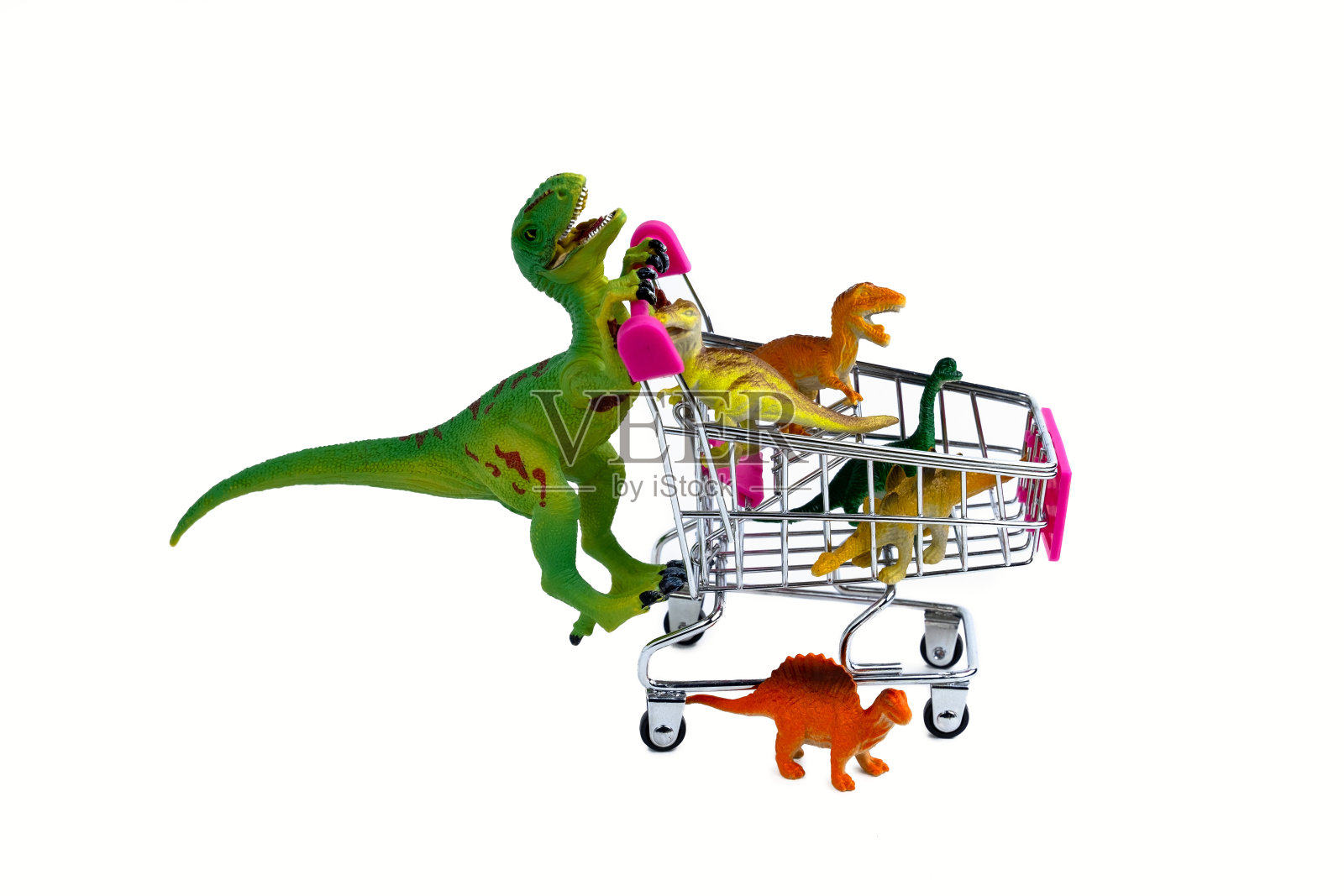 有趣的恐龙妈妈带着许多孩子在购物车里滚动着孩子照片摄影图片