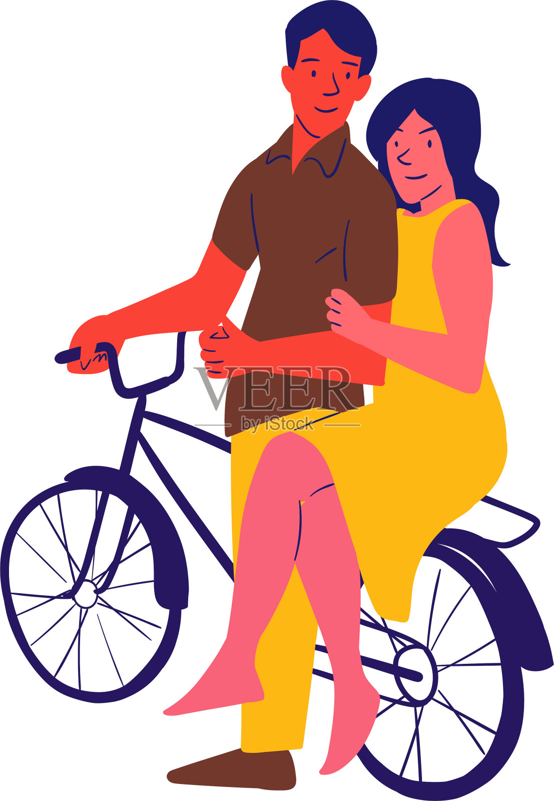 男女情侣一起骑自行车，时间在一起。矢量插画人纸箱风格。插画图片素材