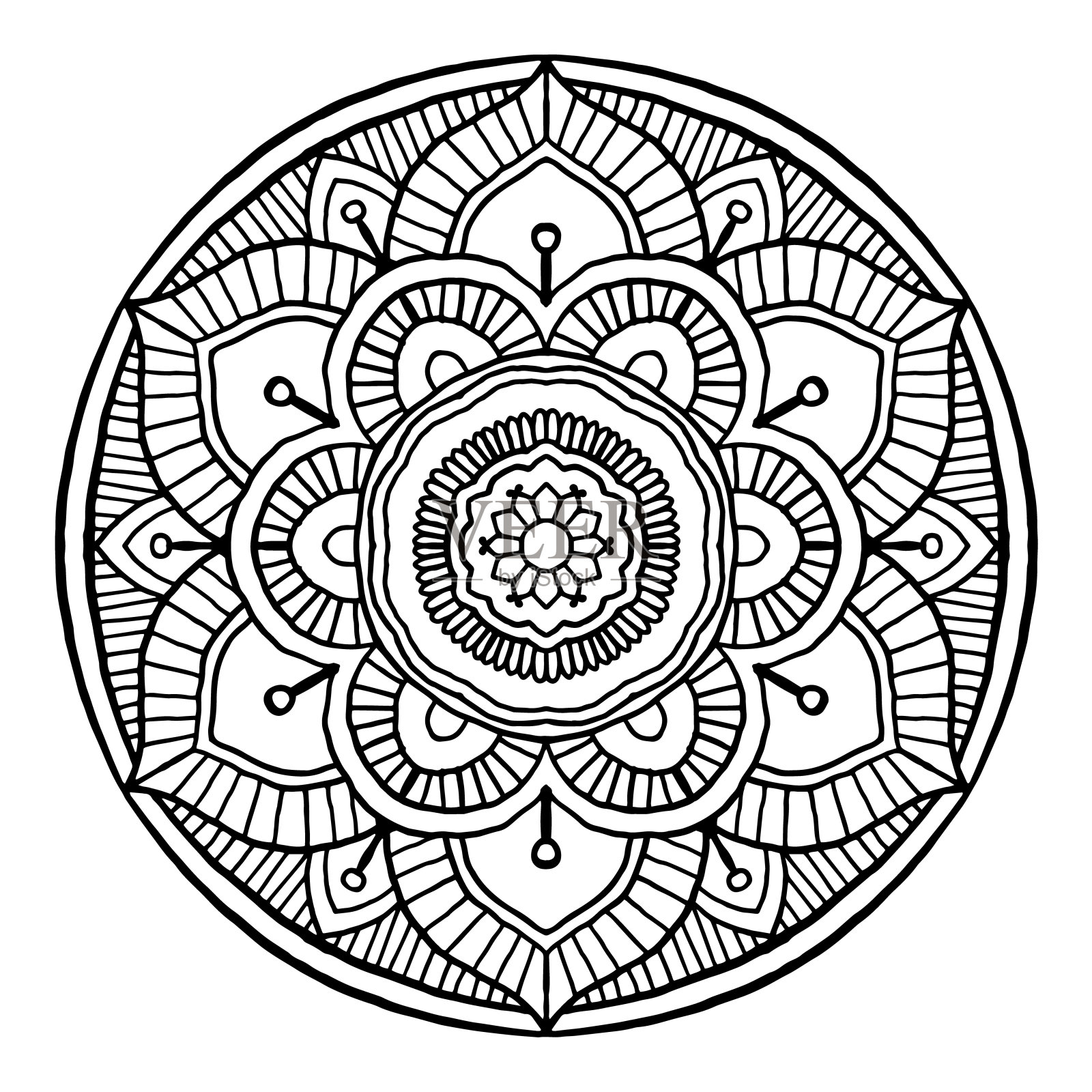 轮廓曼荼罗装饰圆形装饰，手绘风格-矢量东方装饰插画图片素材