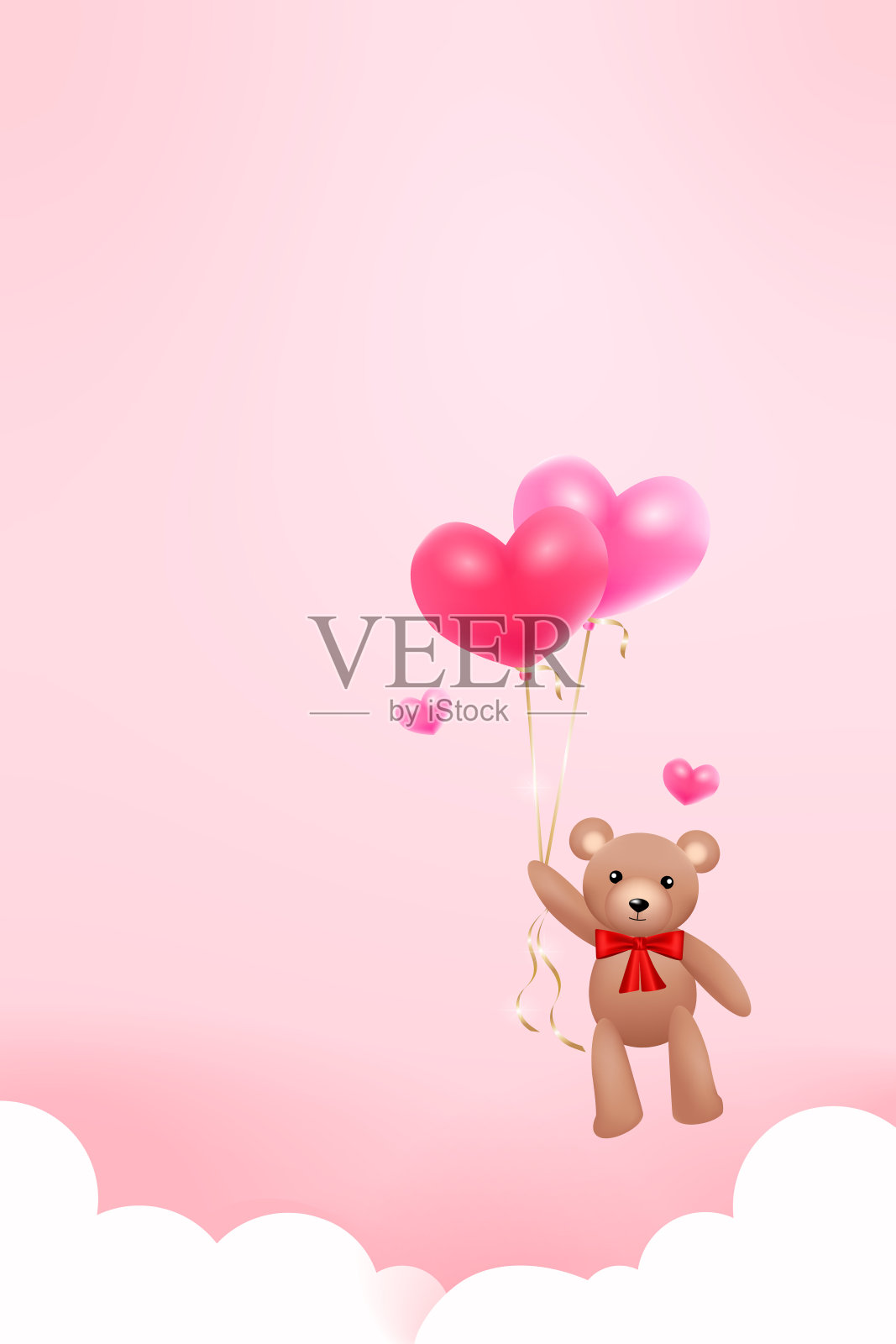 粉色背景上的心形气球和泰迪熊的插图插画图片素材