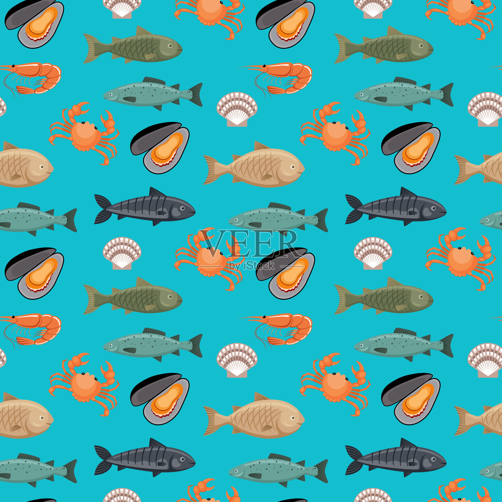 无缝模式与不同类型的鱼在蓝色背景。插画图片素材