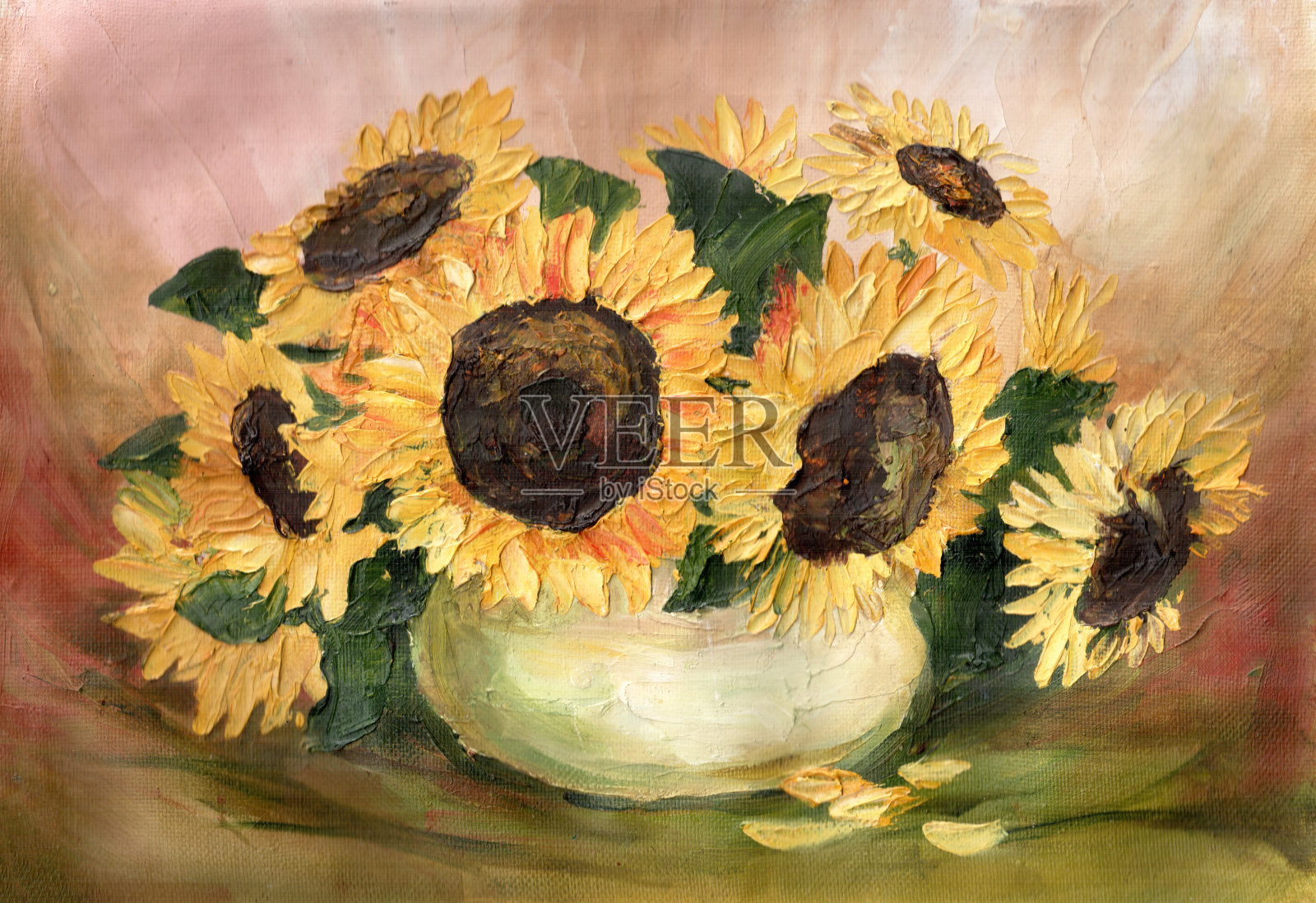 油彩花瓶里的向日葵。石油的纹理。黄色的花插画图片素材