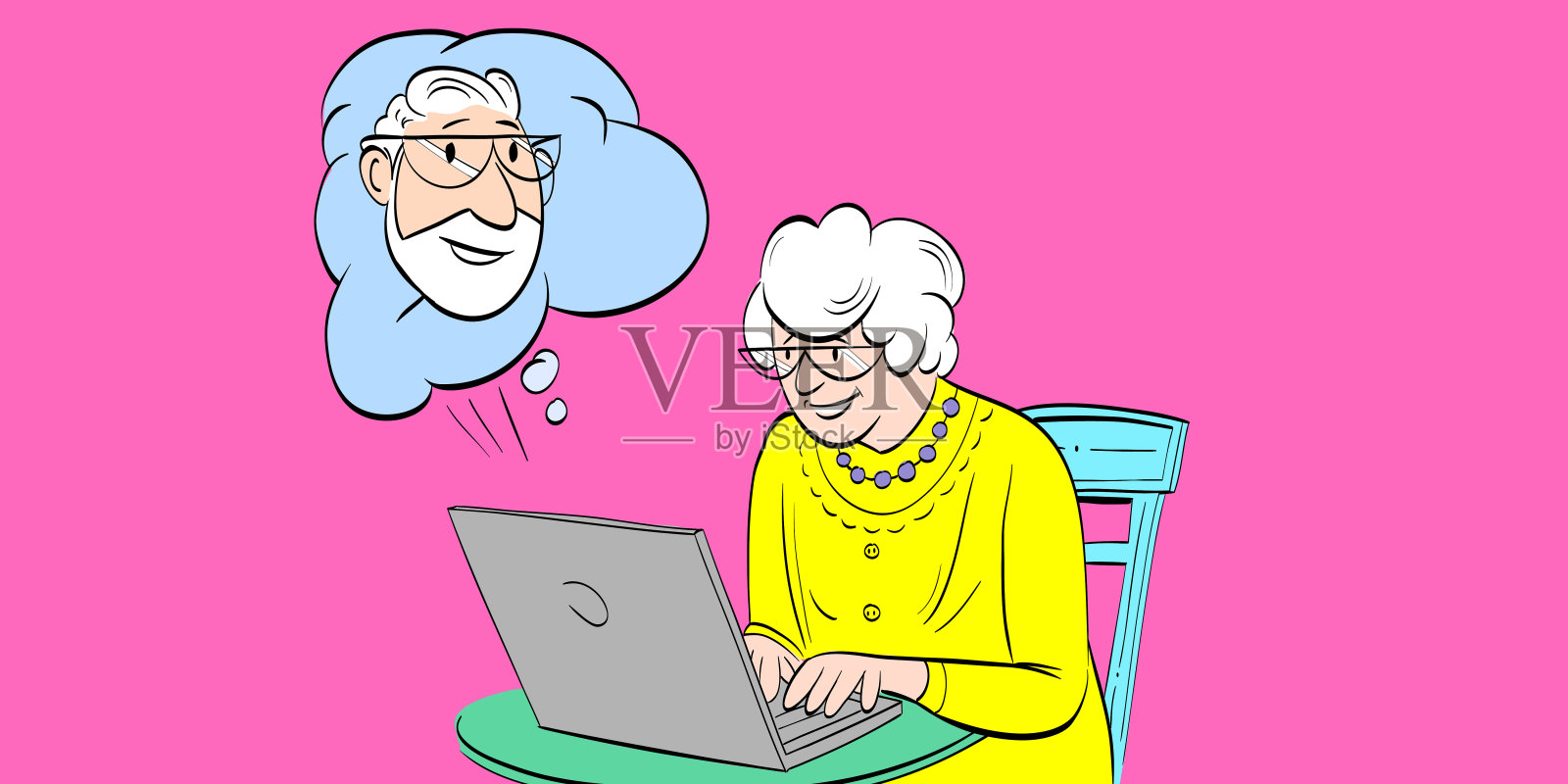 老年妇女通过互联网交流。漫画卡通矢量插图插画图片素材
