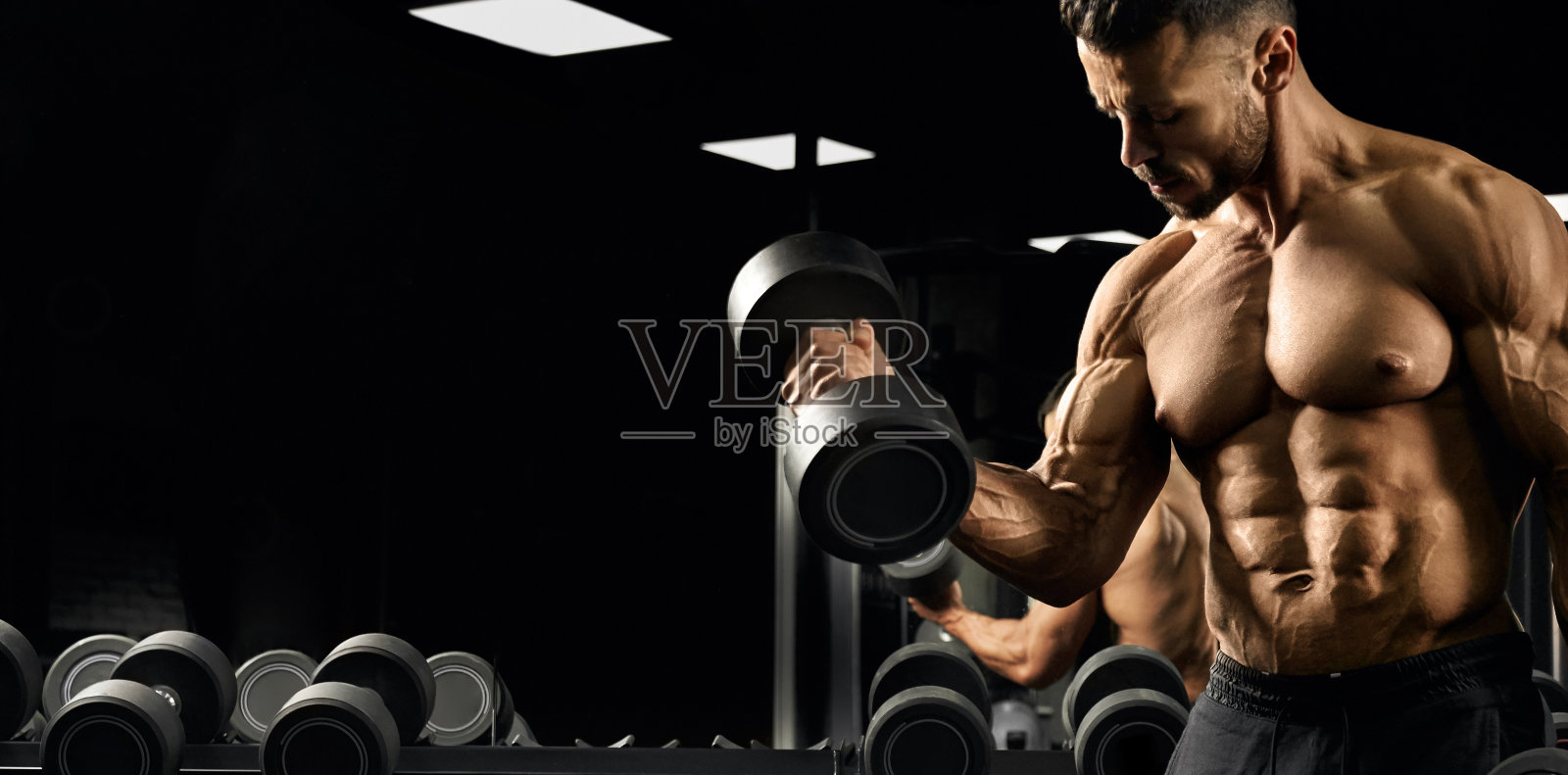 健美运动员在健身房锻炼肱二头肌。照片摄影图片