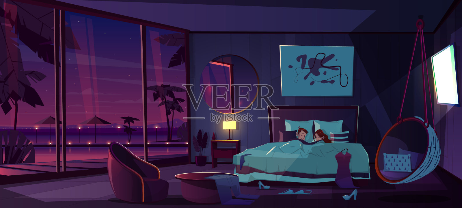 睡在豪华度假酒店房间的卡通向量插画图片素材